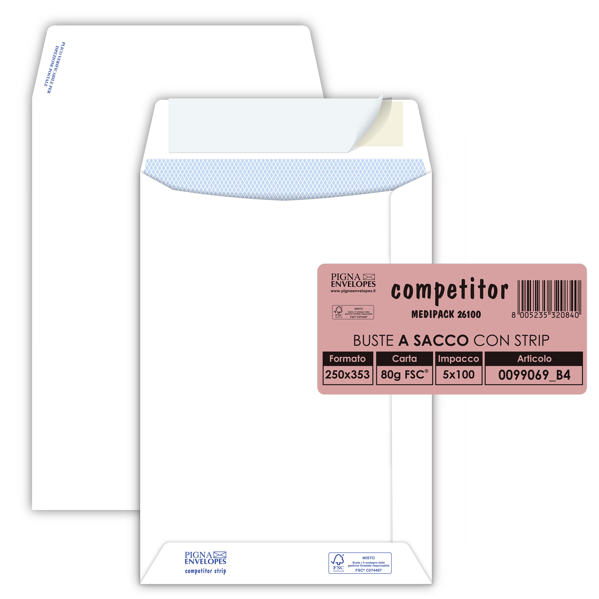 Busta a sacco Competitor FSC - strip adesivo - 25 x 35,3 cm - 80 gr - bianco - Pigna Envelopes - conf. 100 pezzi