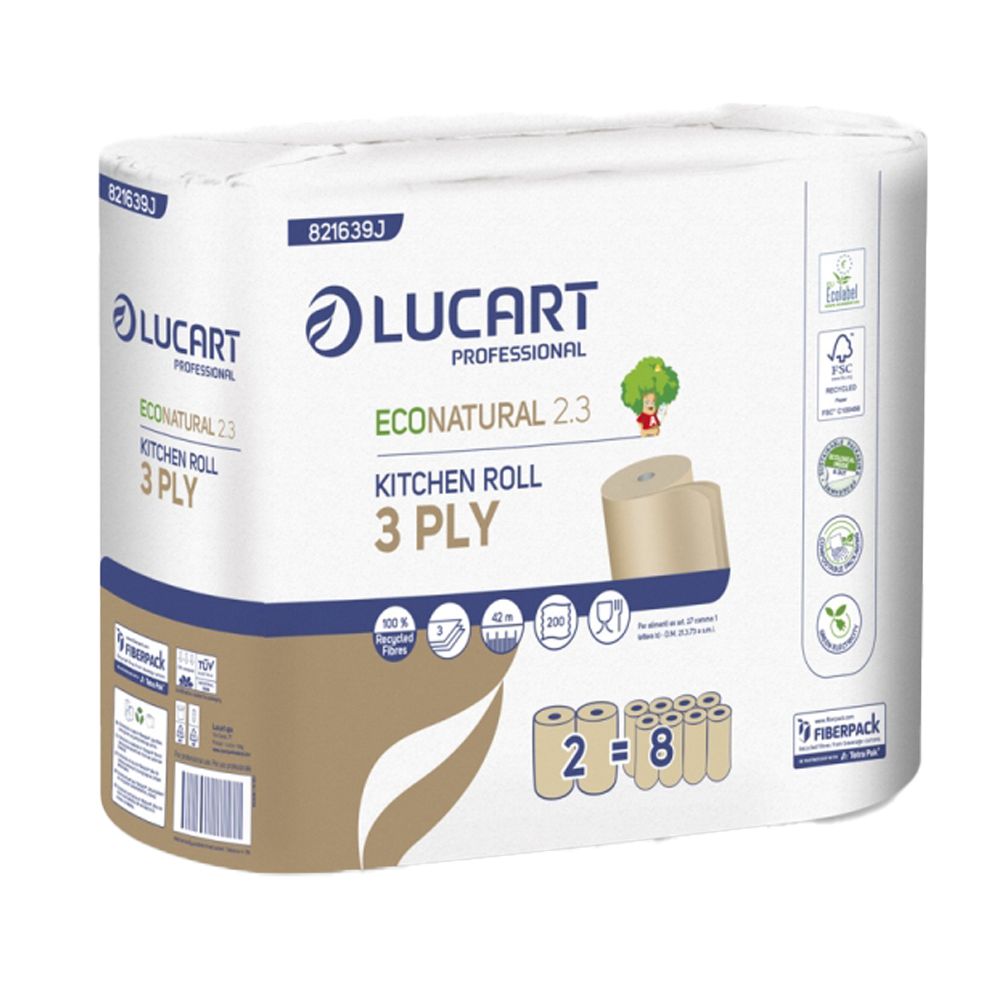 Asciugatutto EcoNatural 2.3 Plastic Free - 200 strappi - Lucart - pacco 2 rotoli