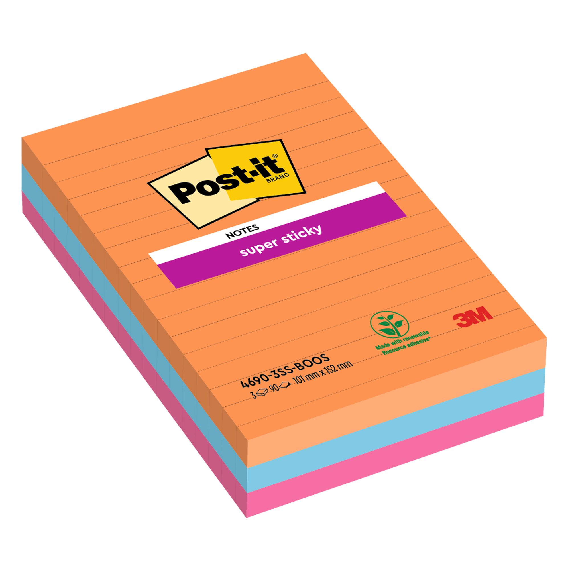 Blocco Post-it Super Sticky - 4690-3SS-BOOS - a righe - 101 x 152 mm - colori Boost - 90 fogli - Post-it - conf. 3 pezzi