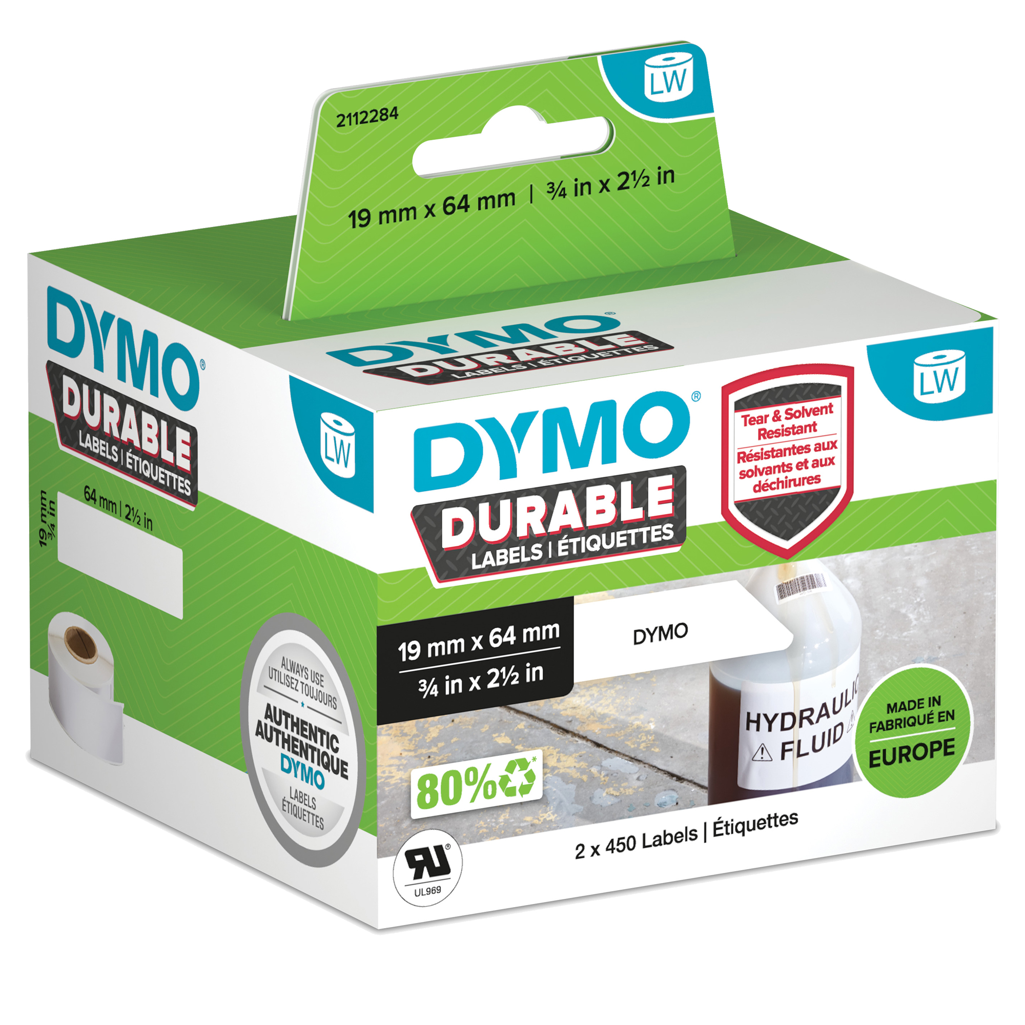 Rotolo 450 etichette LW Durable 1933085 - 19 x 64 mm - PP - bianco - Dymo - conf. 2 rotoli