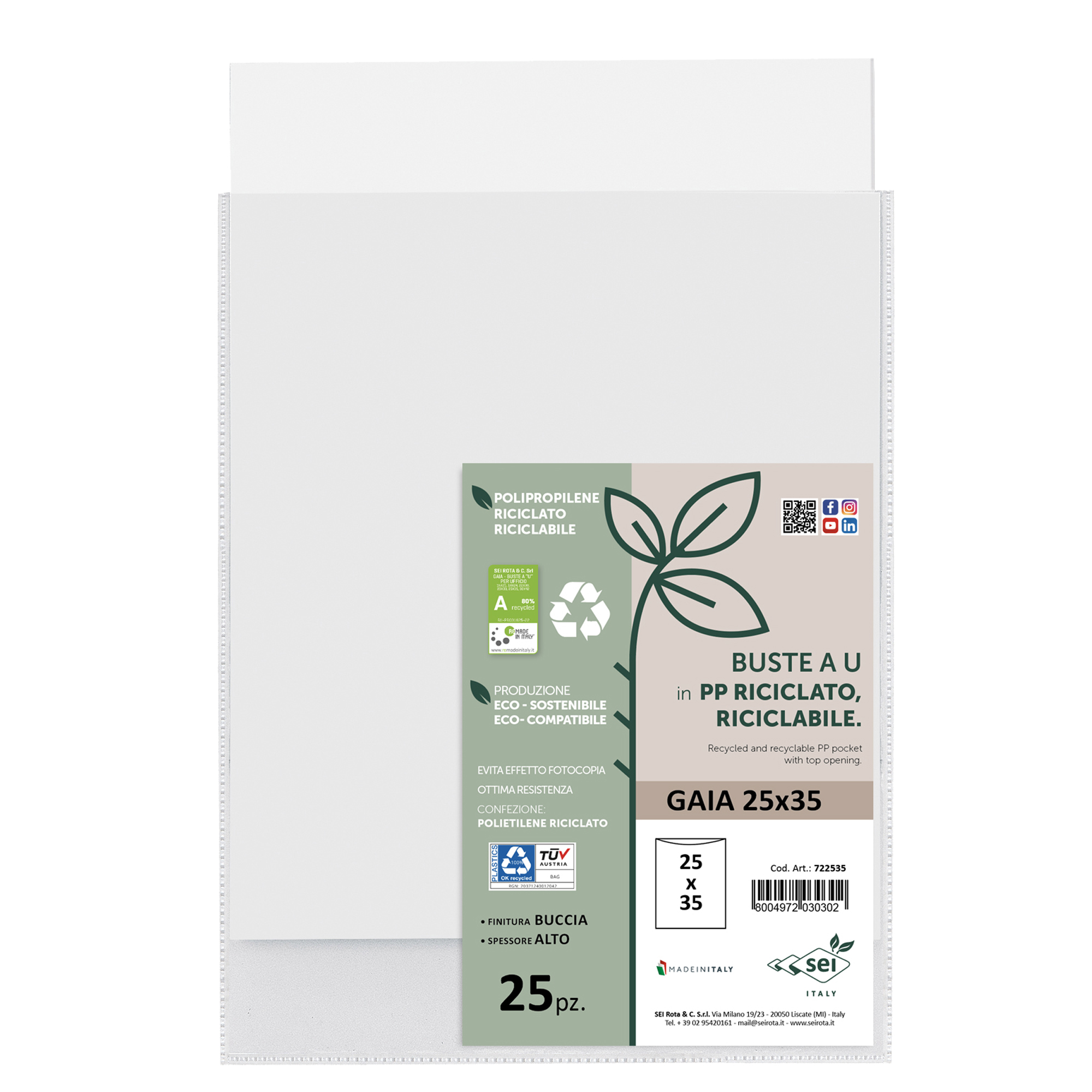 Buste a sacco Gaia - PP riciclato - 25 x 35 cm - buccia - trasparente - Sei rota - conf. 25 pezzi