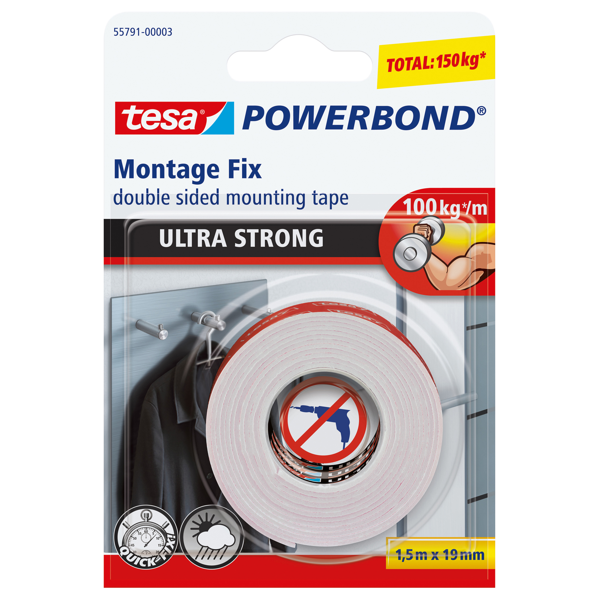 Nastro biadesivo Powerbond Ultra Strong - 19 mm x 1,5 m - acrilico - bianco - Tesa