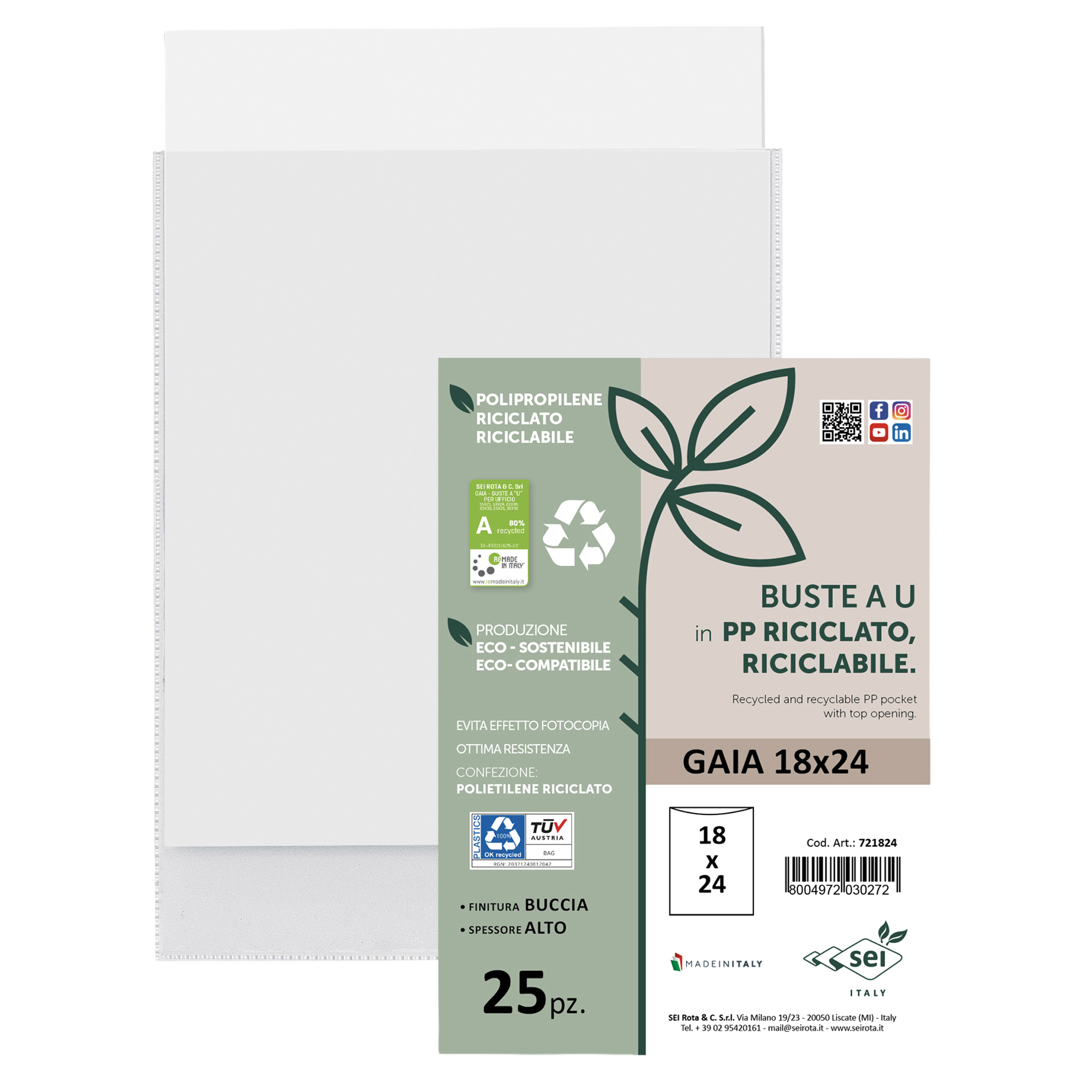 Buste a sacco Gaia - PP riciclato - 18 x 24 cm - buccia - trasparente - Sei rota - conf. 25 pezzi