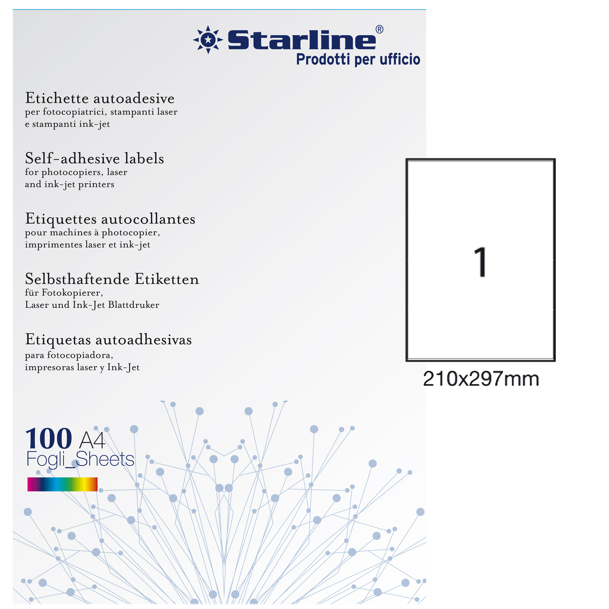 Etichette adesive - in carta - permanenti - 210 x 297 mm - 1 et/fg - 100 fogli - bianco - Starline