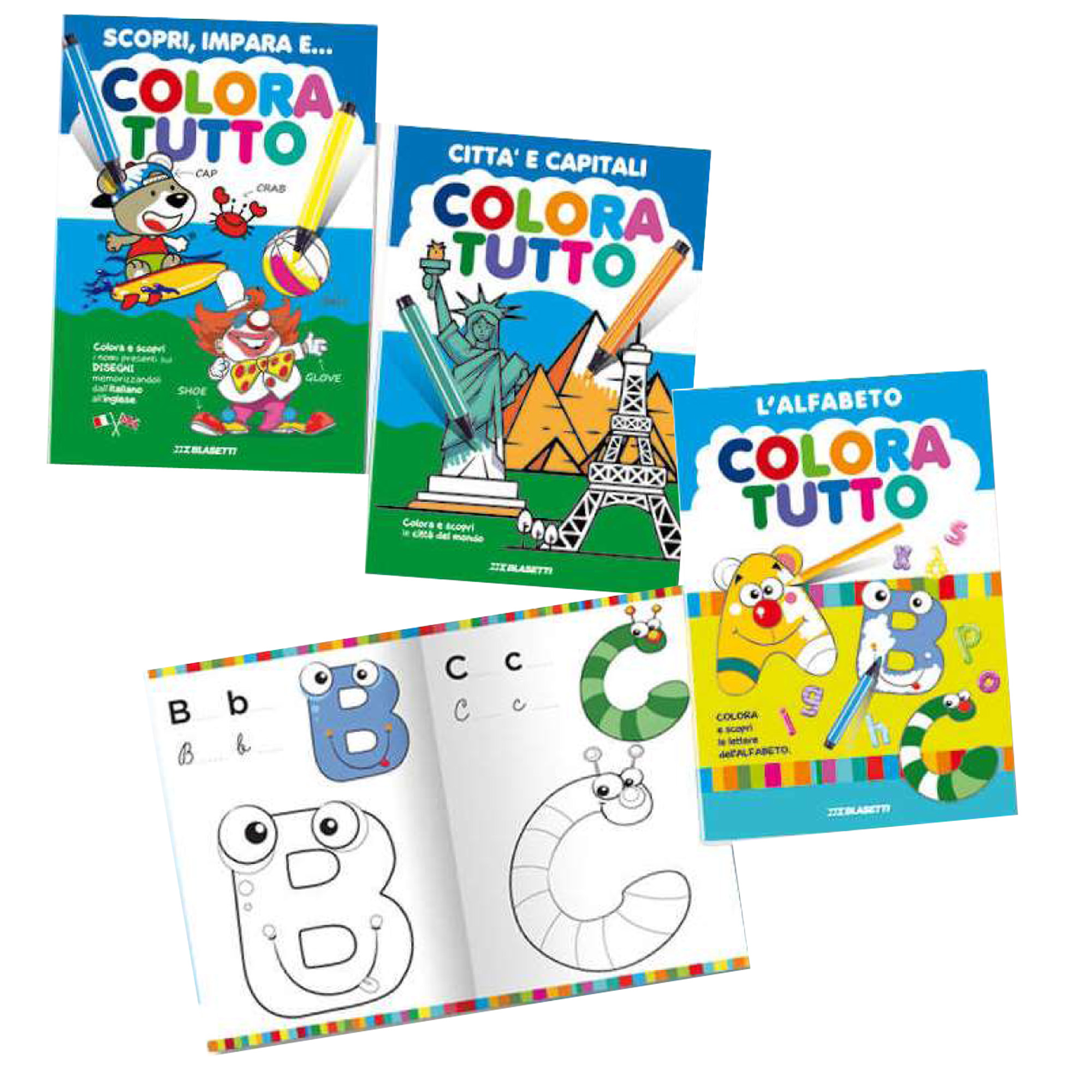 Album da colorare - 24 facciate - per bimbo - fantasie alfabeto, bimbi, capitali - Blasetti