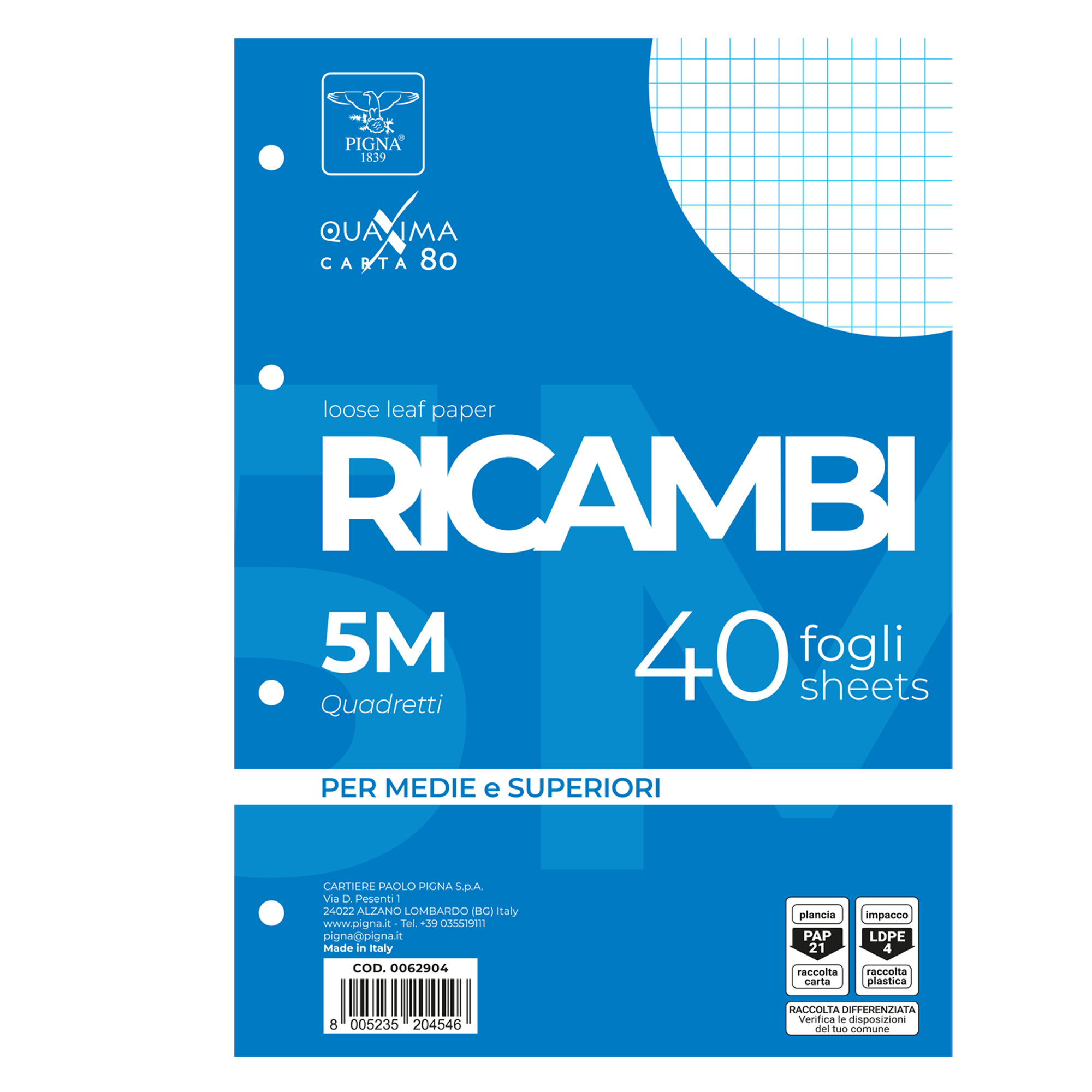 Ricambi forati Quaxima - A4 - 5 mm - 80 gr - Pigna - conf. 40 pezzi