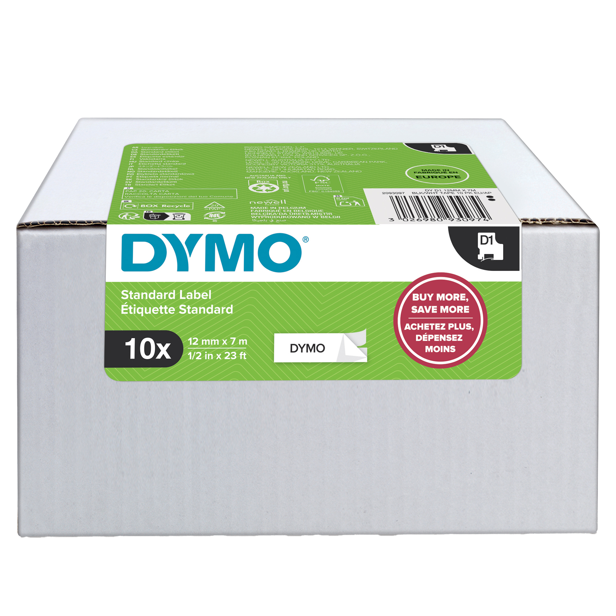 Nastro D1 standard 450130 - 12 mm x 7 mt - PL - nero/bianco - Dymo - value pack 10 pezzi
