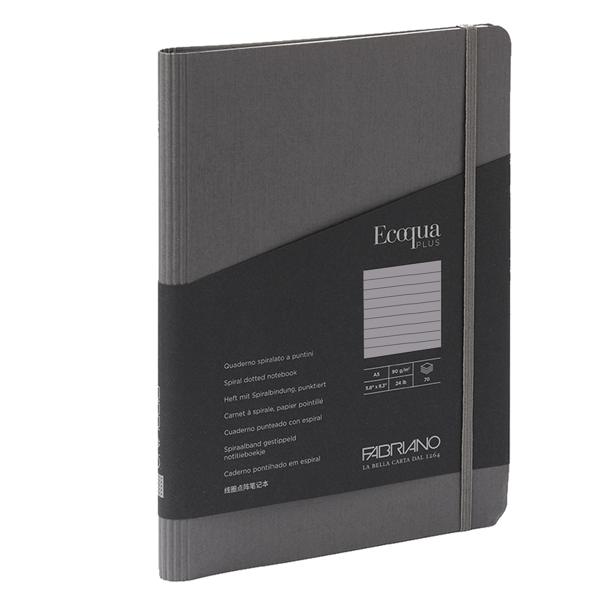 Taccuino Ecoqua Plus - con elastico - spiralato - A5 - 70 fogli - righe - antracite - Fabriano
