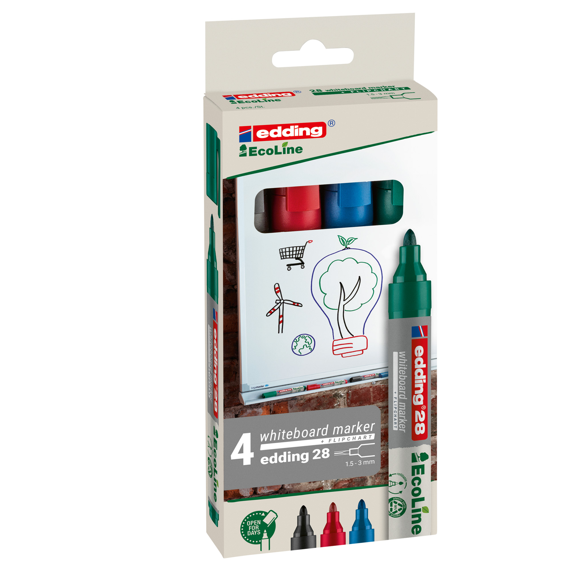 Marcatore per lavagne bianche 28 EcoLine - punta conica - da 1,5 a 3 mm - colori assortiti - Edding - astuccio 4 pezzi