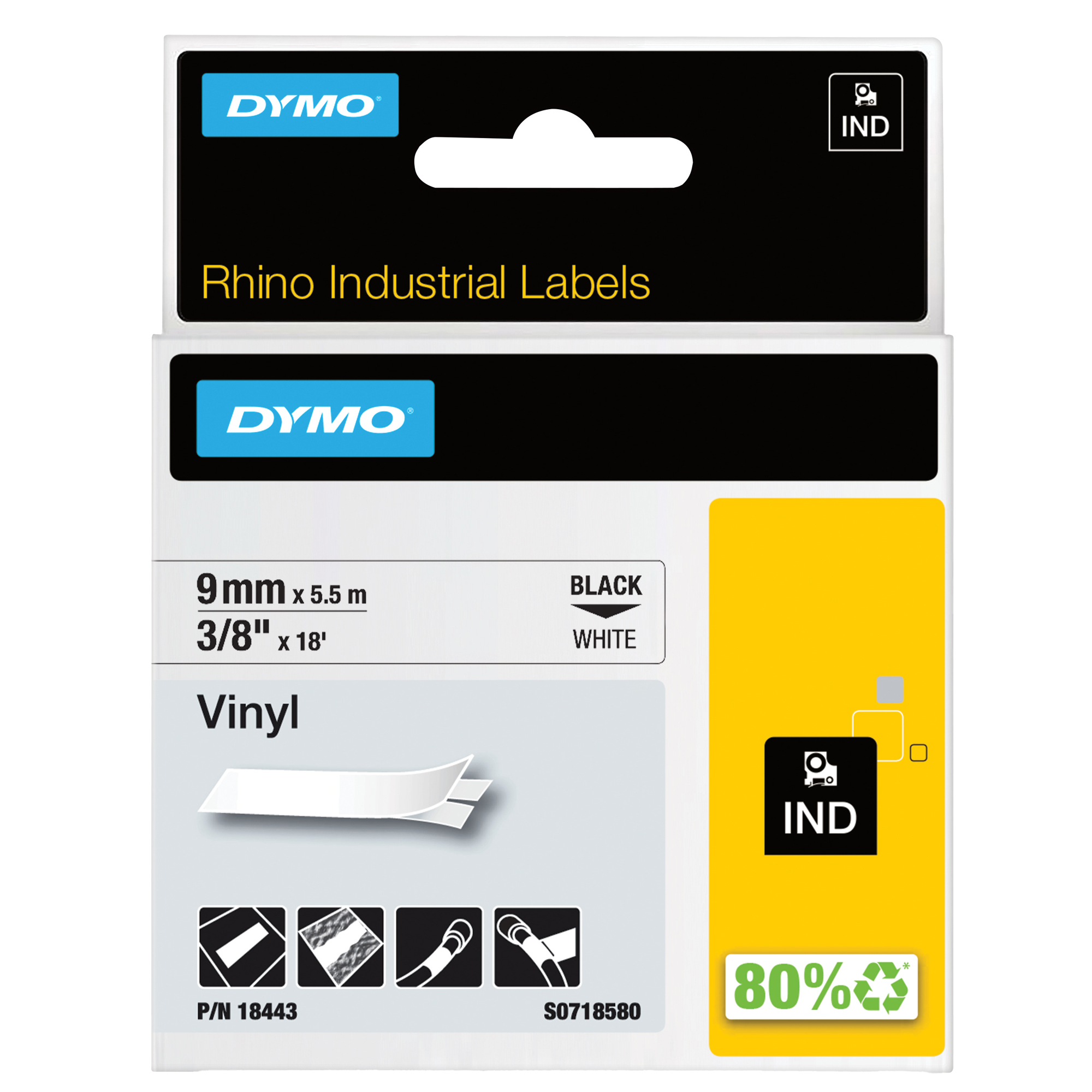 Nastro Rhino 18443 - 9 mm x 5,5 mt - vinile - permanente - nero/bianco - Dymo