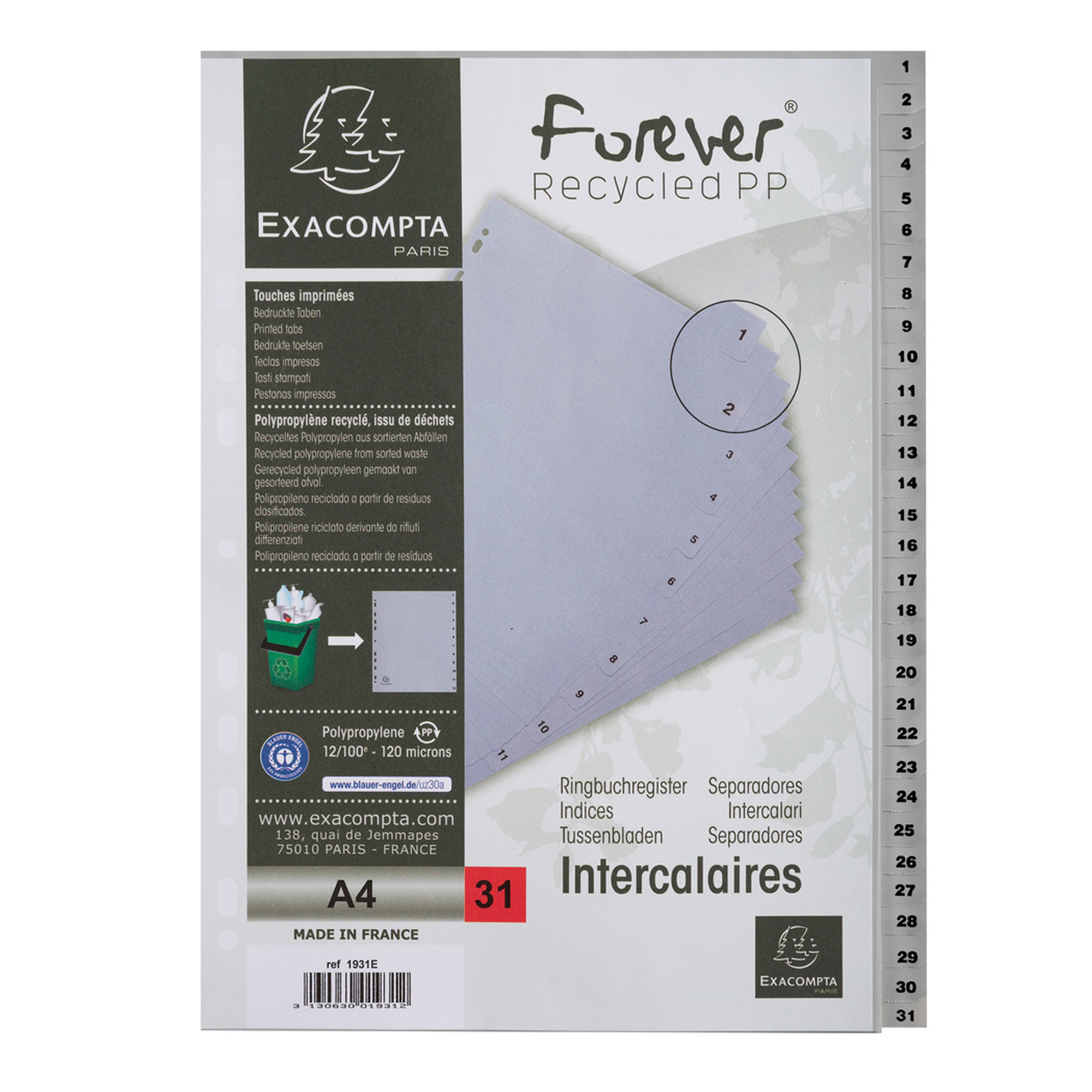 Intercalare numerico - 31 tasti - A4 - PP riciclato - grigio - Exacompta