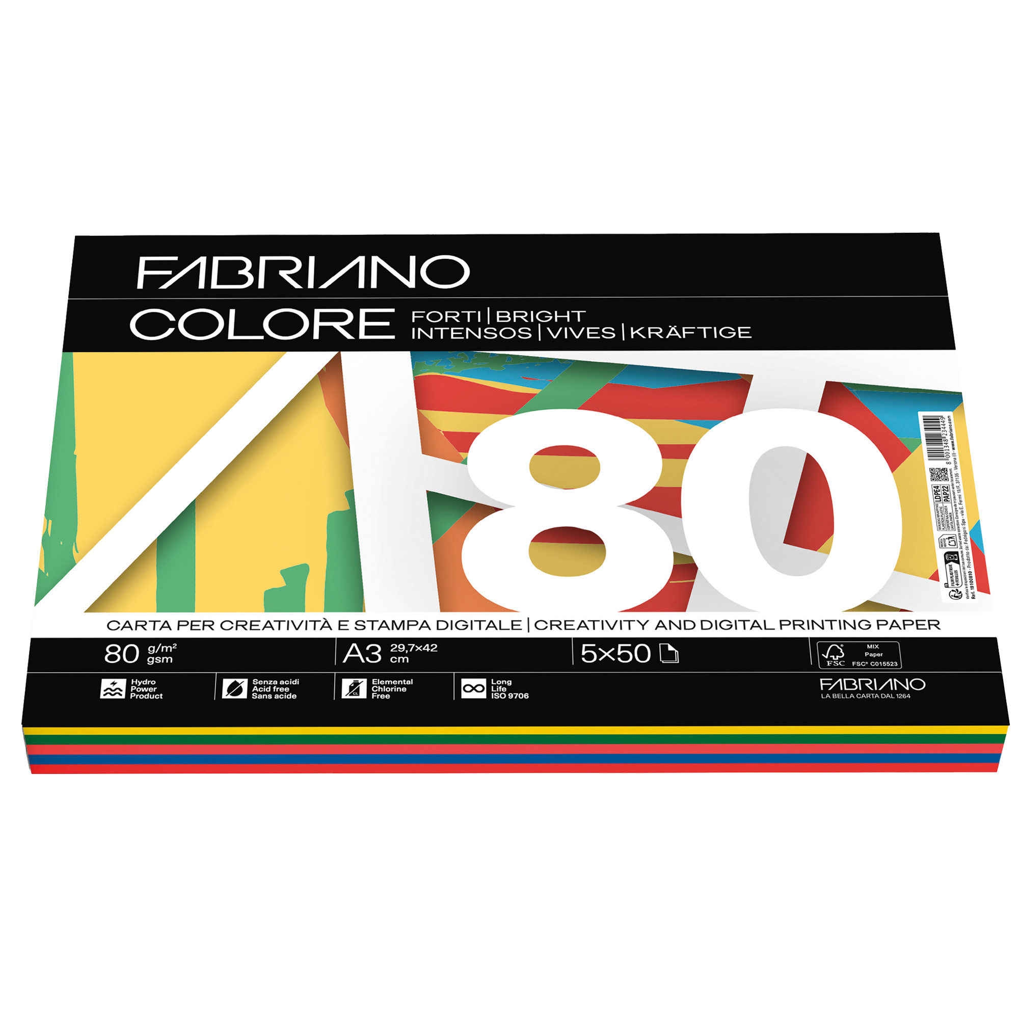 Carta Fabriano Colore - A3 - 80 gr - mix 5 colori forti - Fabriano - conf. 250 fogli