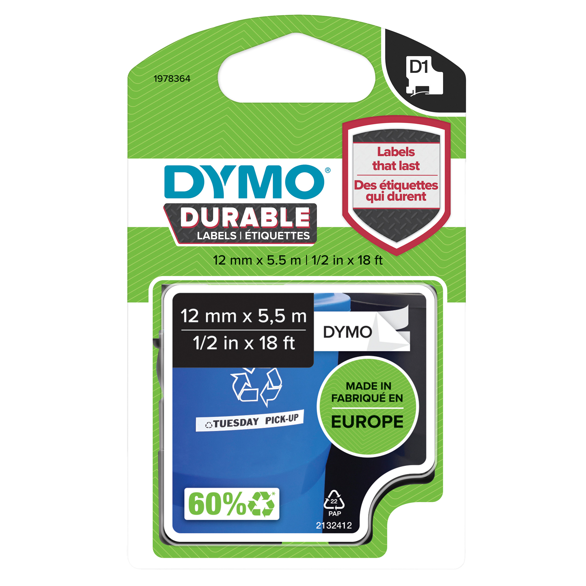 Nastro D1 Durable 1978364 - 12 mm x 5,5 mt - vinile - nero/bianco - Dymo