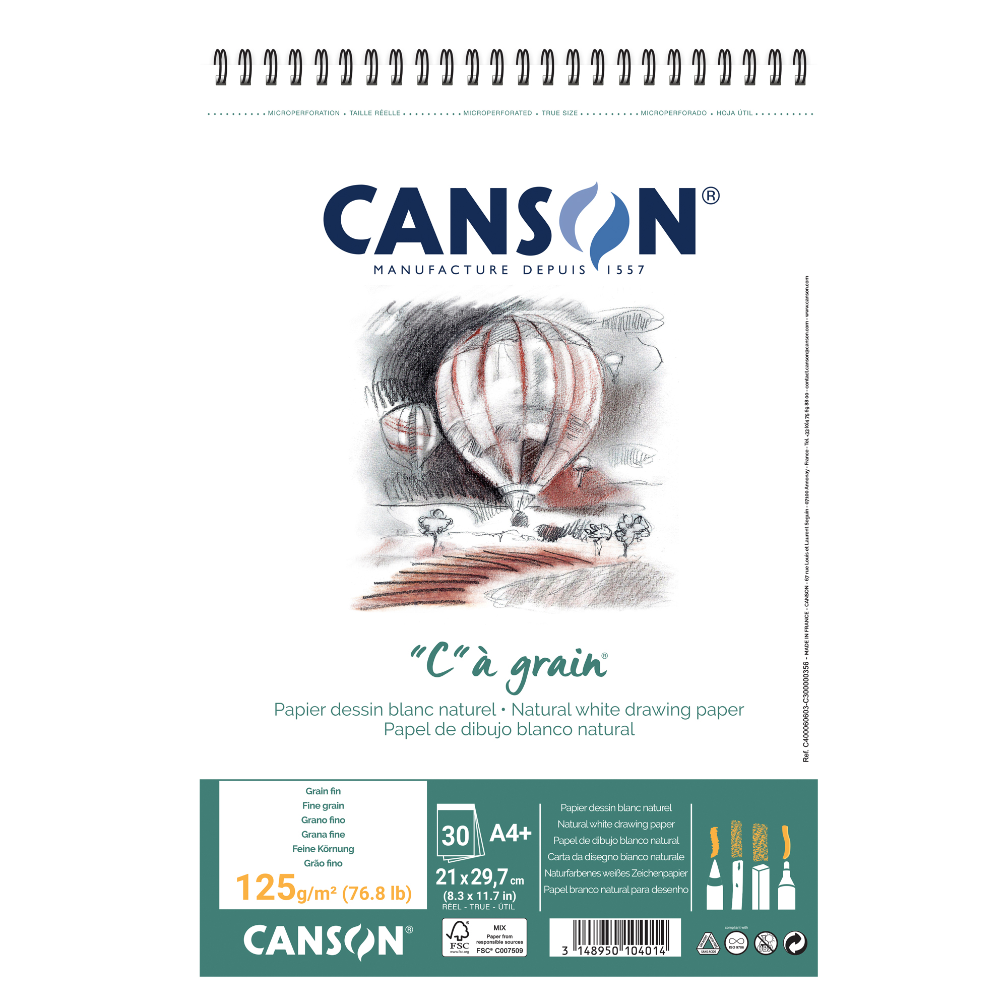 Album spiralato lato corto "C" à grain - A4+ - 125 gr - 30 fogli - Canson