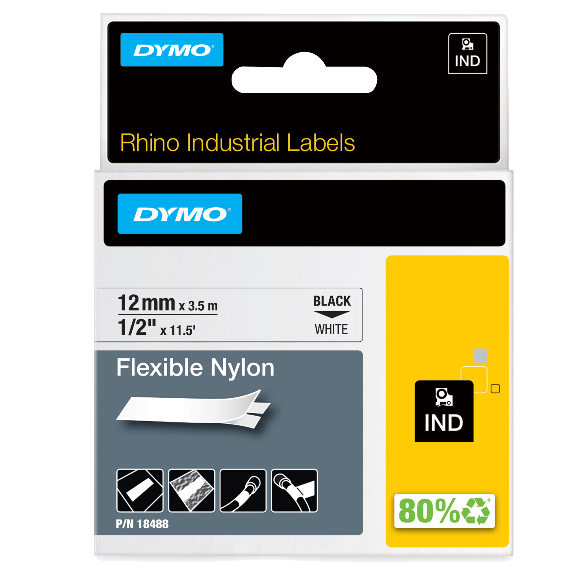 Nastro Rhino 18488 - 12 mm x 3,5 mt - nylon flessibile - nero/bianco - Dymo