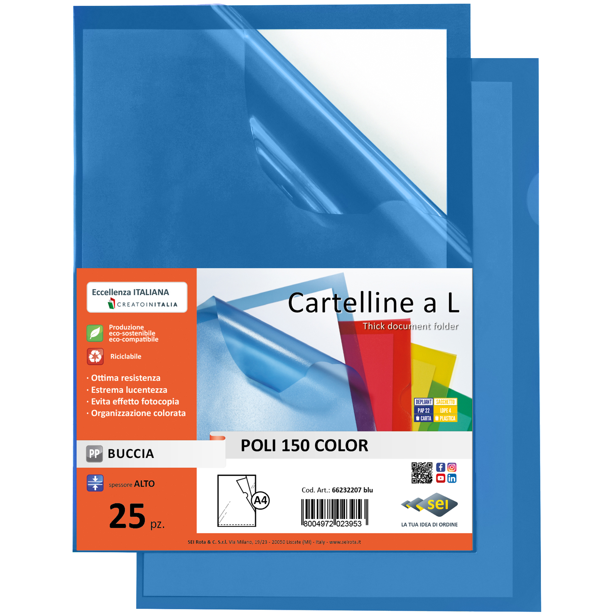 Cartellina a L Poli 150 Color - A4 - PP - buccia pesante - blu - Sei Rota - conf. 25 pezzi