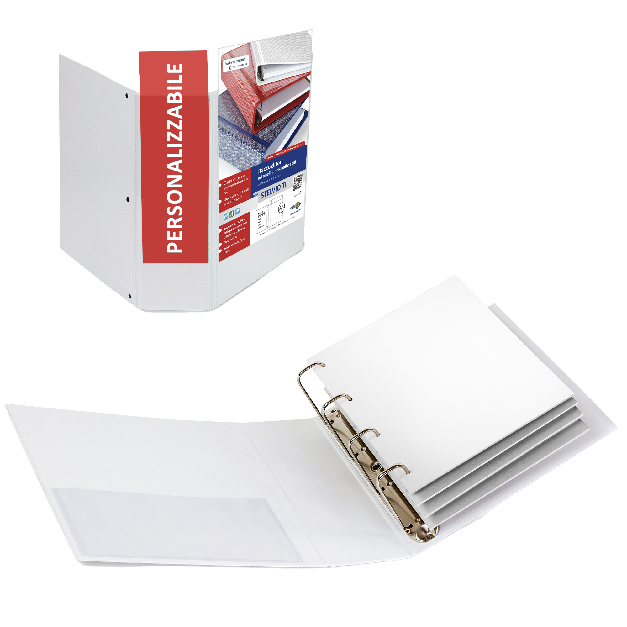 Raccoglitore personalizzabile Stelvio TI - 22 x 30 cm - 4 anelli a Q 65 mm - dorso 9 cm - bianco - Sei Rota