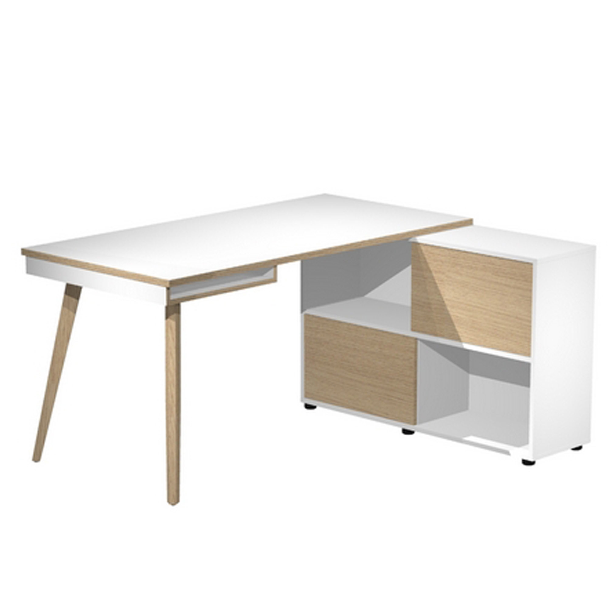 Workstation Midi - gambe in legno - 130 x 120 x H 81,5 cm - bianco / rovere
