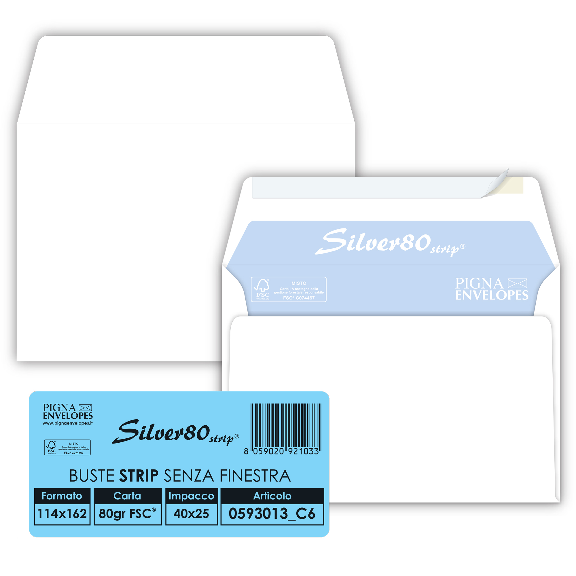 Busta Silver80 Strip FSC - internografata - senza finestra - 11,4 x 16,2 cm - 80 gr - bianco - Pigna Envelopes - conf. 25 pezzi