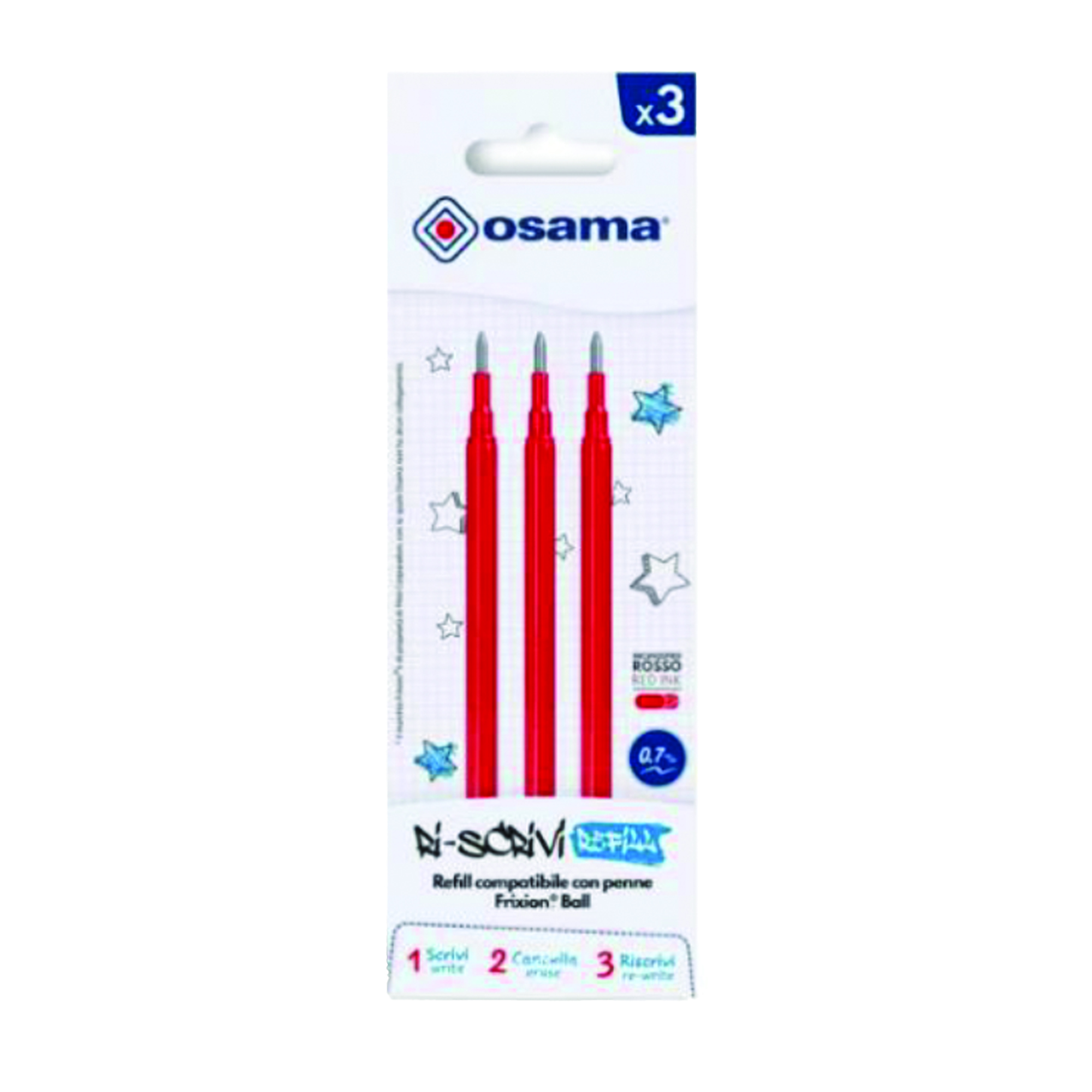 Refill per penne gel cancellabili  - punta 0,7 mm - rosso - Osama - conf. 3 pezzi