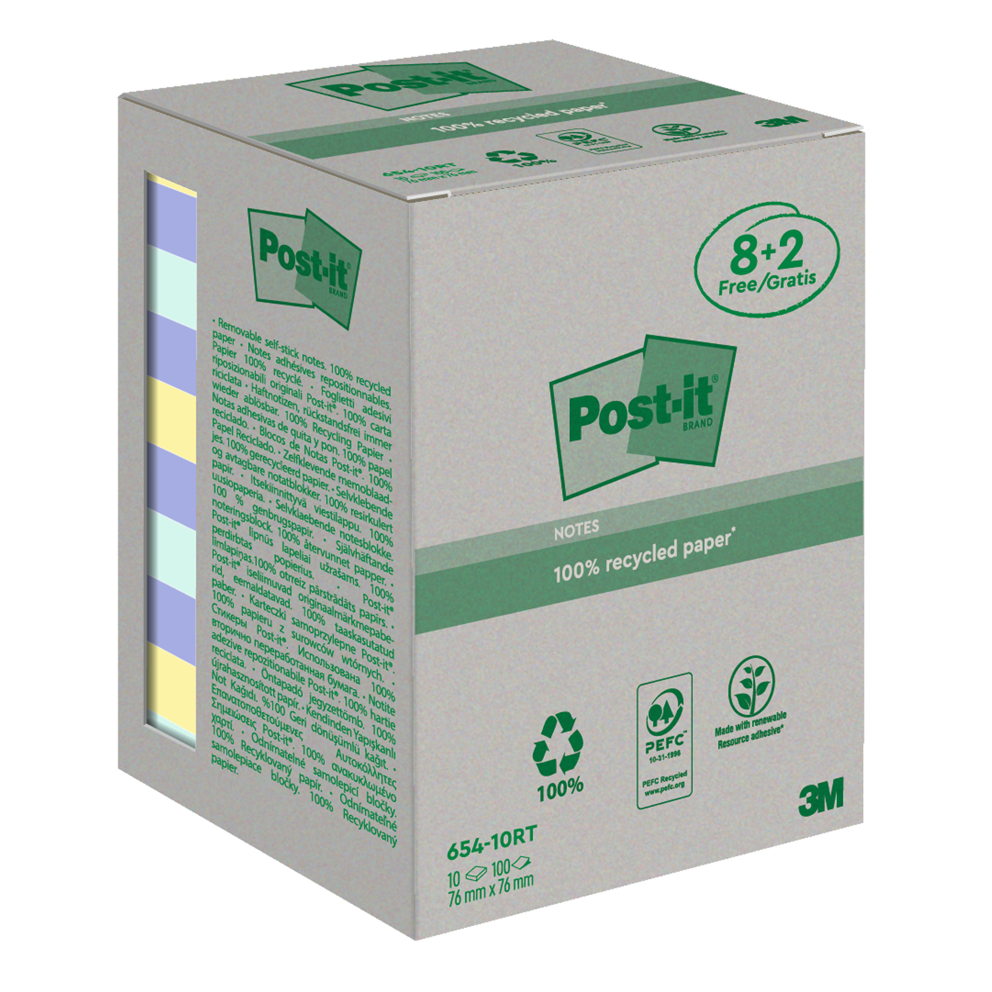 Blocco foglietti Post-it - 654-RCP10 - 76 x 76 mm - carta riciclata - colori pastel - 100 fogli - Post-it - conf. 10 pezzi