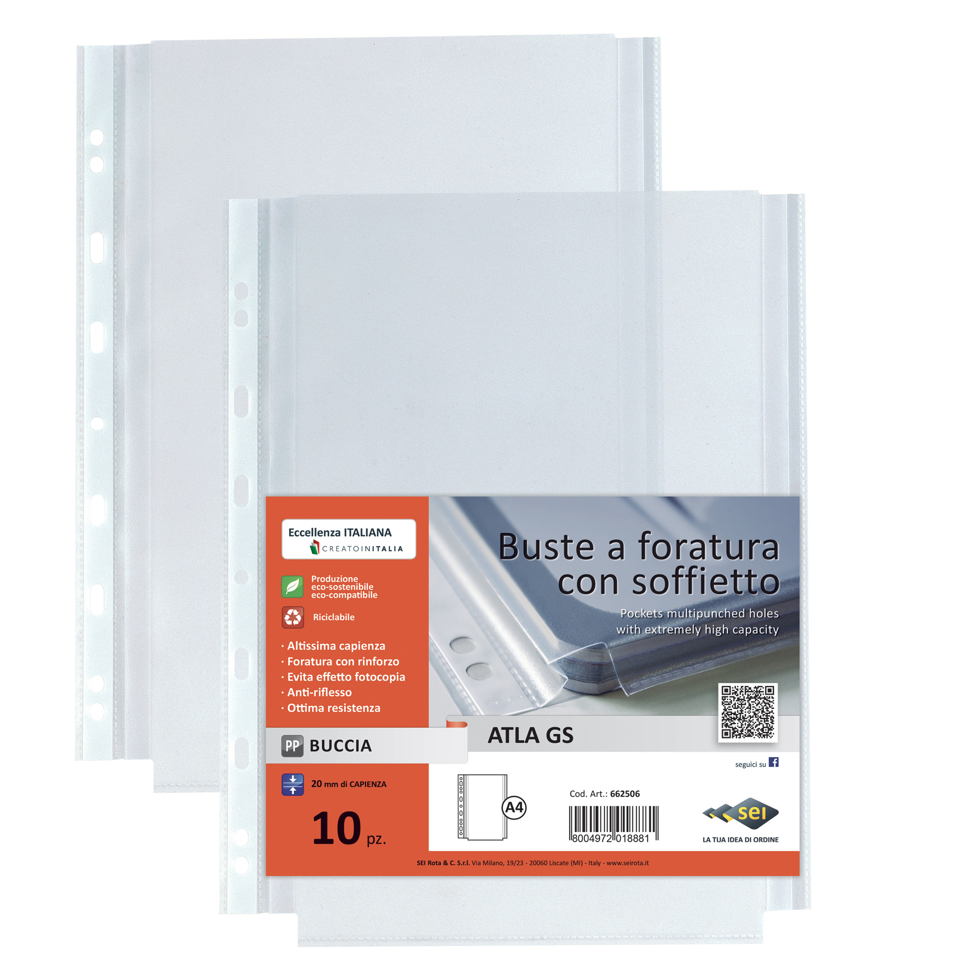 Buste forate Atla GS - PP - 21 x 29,7 cm - c/soffietto - trasparente buccia - Sei Rota - conf. 10 pezzi