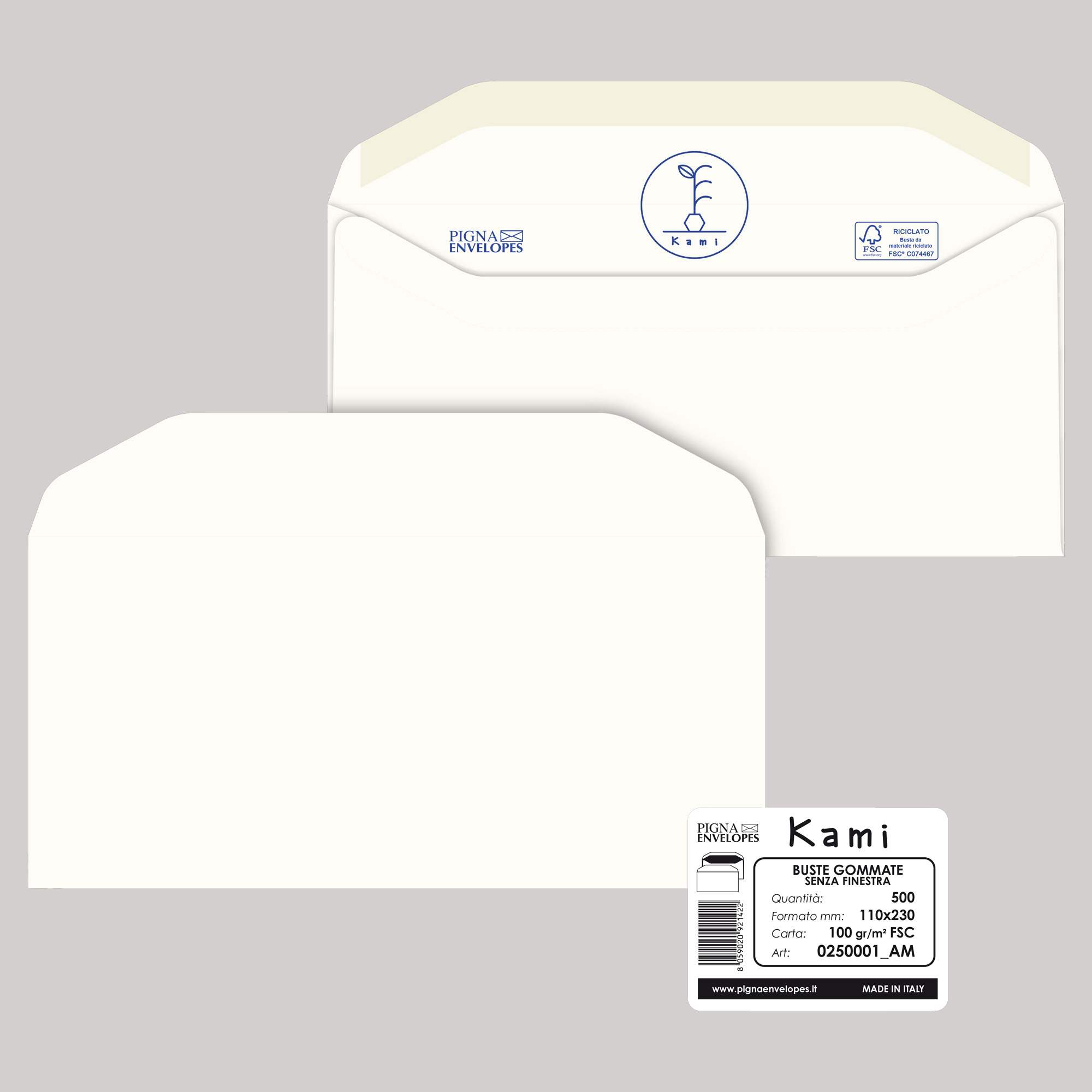 Busta Kami Gommata - senza finestra - 11 x 23 cm - 100 gr - carta riciclata FSC - bianco - Pigna Envelopes - conf. 500 pezzi