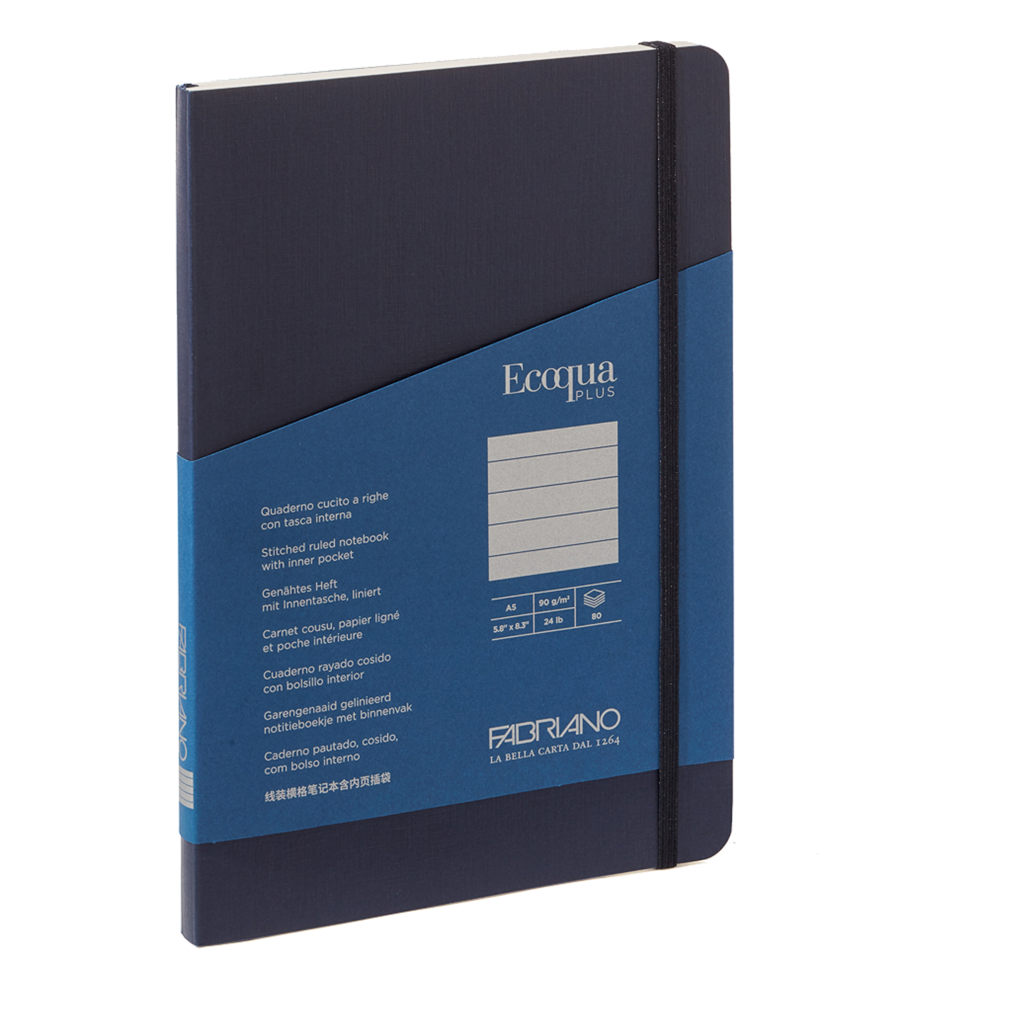 Taccuino Ecoqua Plus - con elastico - rilegatura cucita - A5 - 5 mm - 80 fogli - righe - blu scuro - Fabriano