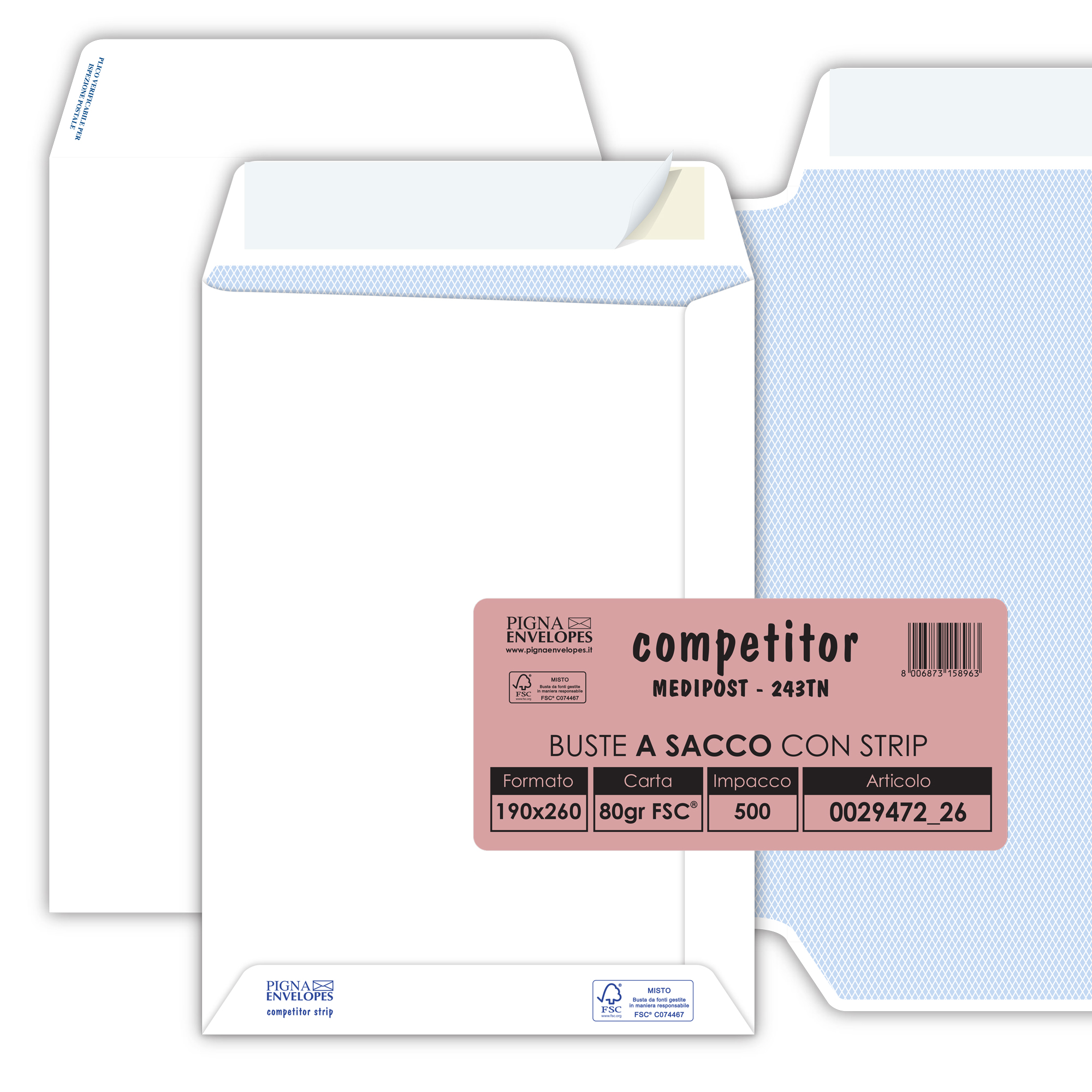 Busta a sacco Competitor FSC - strip adesivo - 19 x 26 cm - 80 gr - bianco - Pigna Envelopes - conf. 500 pezzi