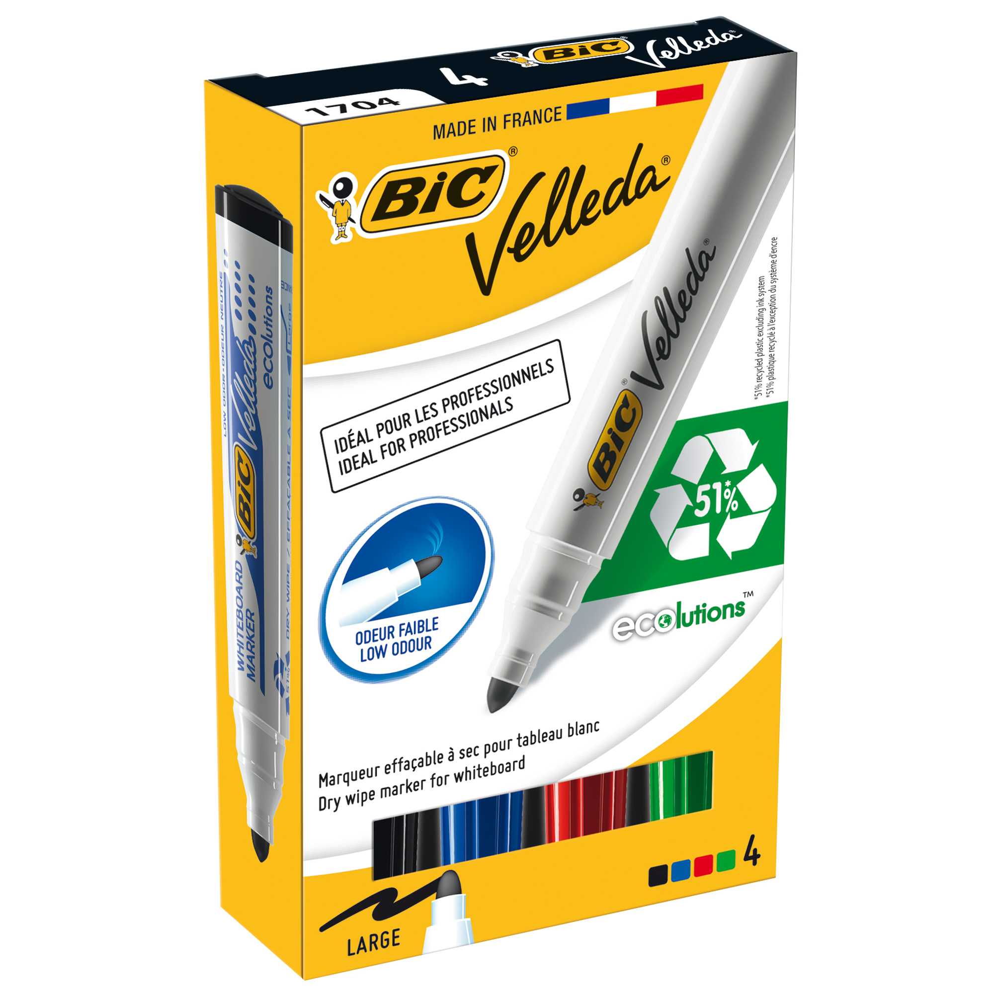 Marcatori Whiteboard Marker Velleda 1701 Recycled Bic - punta tonda 1,5mm - astuccio 4 colori  - Bic