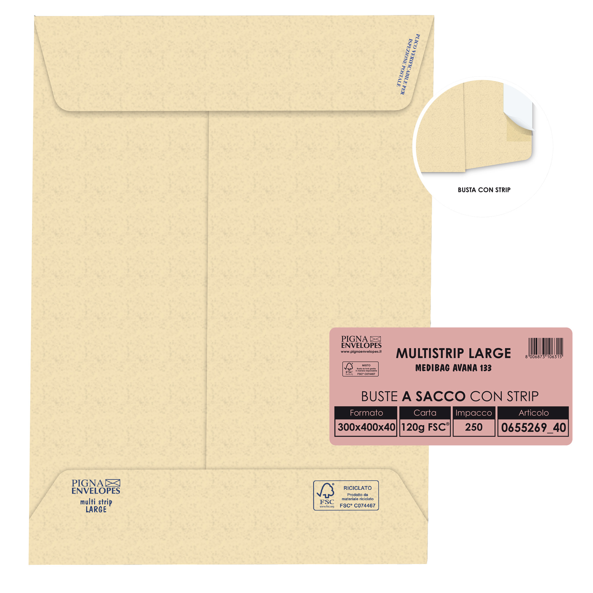 Busta a sacco Multi Strip Large - soffietti laterali - strip adesivo - 30 x 40 x 4 cm - 120 gr - carta riciclata FSC - avana - Pigna Envelopes - conf. 250 pezzi