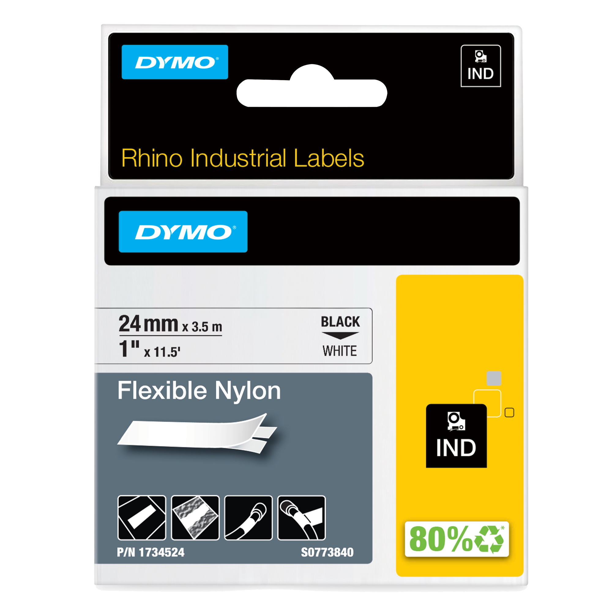 Nastro Rhino 1734524 - 24 mm x 3,5 mt - nylon flessibile - nero/bianco - Dymo