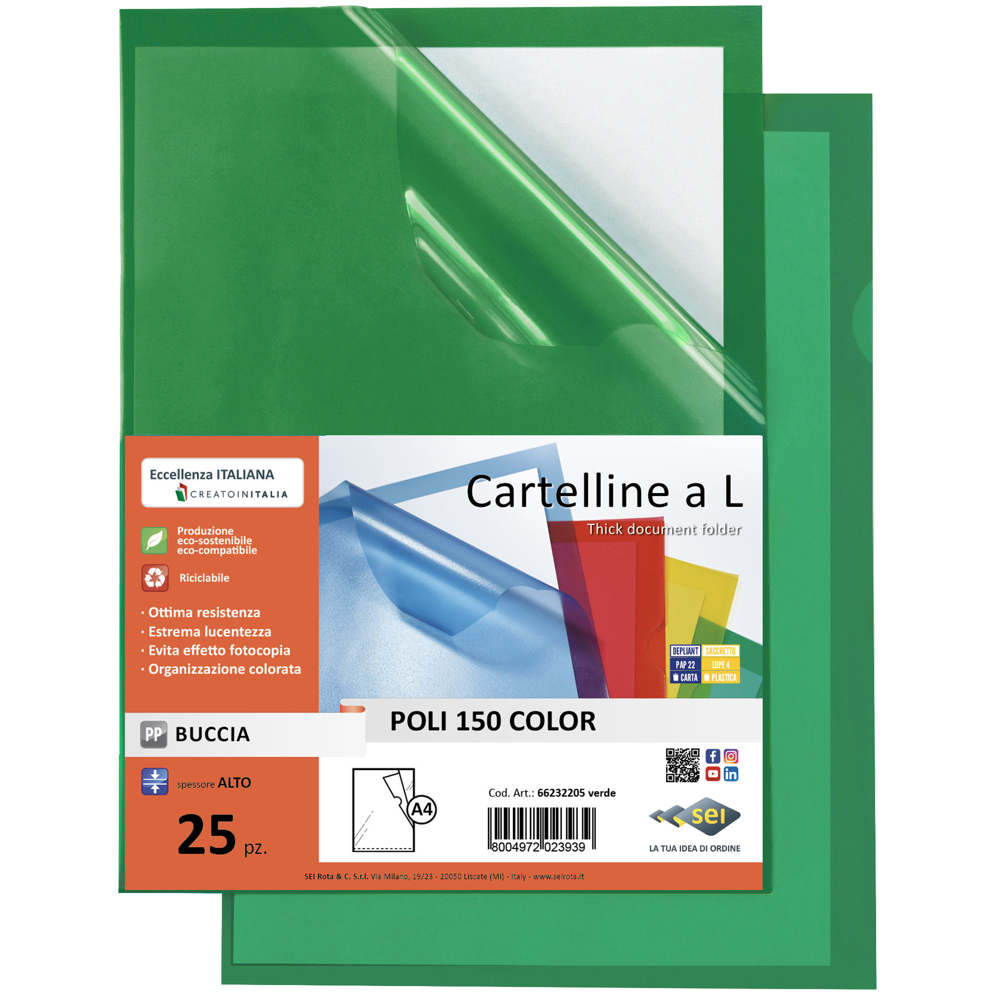 Cartellina a L Poli 150 Color - A4 - PP - buccia pesante - verde - Sei Rota - conf. 25 pezzi