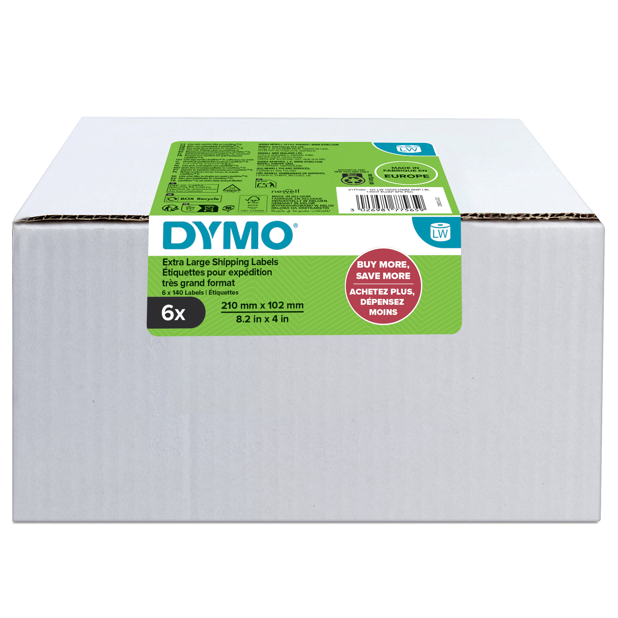 Rotolo 140 etichette LW 2177565 - 102 mm x 210 mm - carta - solo per LW5XL - Dymo - conf. 6 rotoli