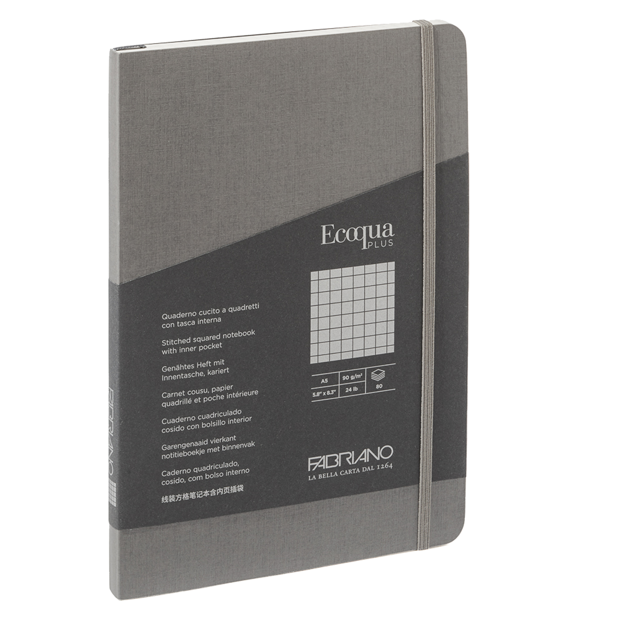 Taccuino Ecoqua Plus - con elastico - rilegatura cucita - A5 - 5 mm - 80 fogli - artracite - Fabriano