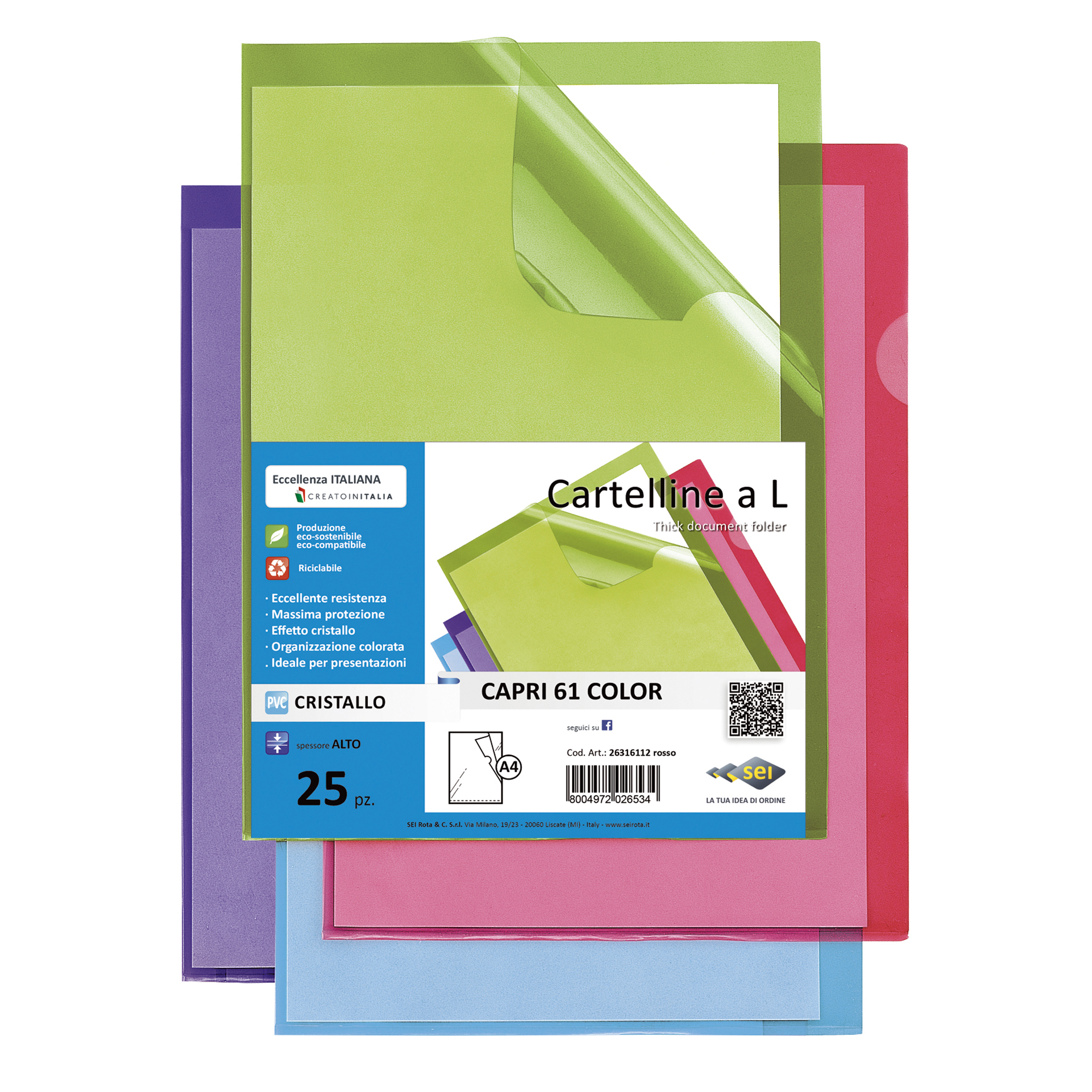 Cartellina a L Capri 61 color - A4 - PVC - liscio pesante - rosso - Sei Rota - conf. 25 pezzi