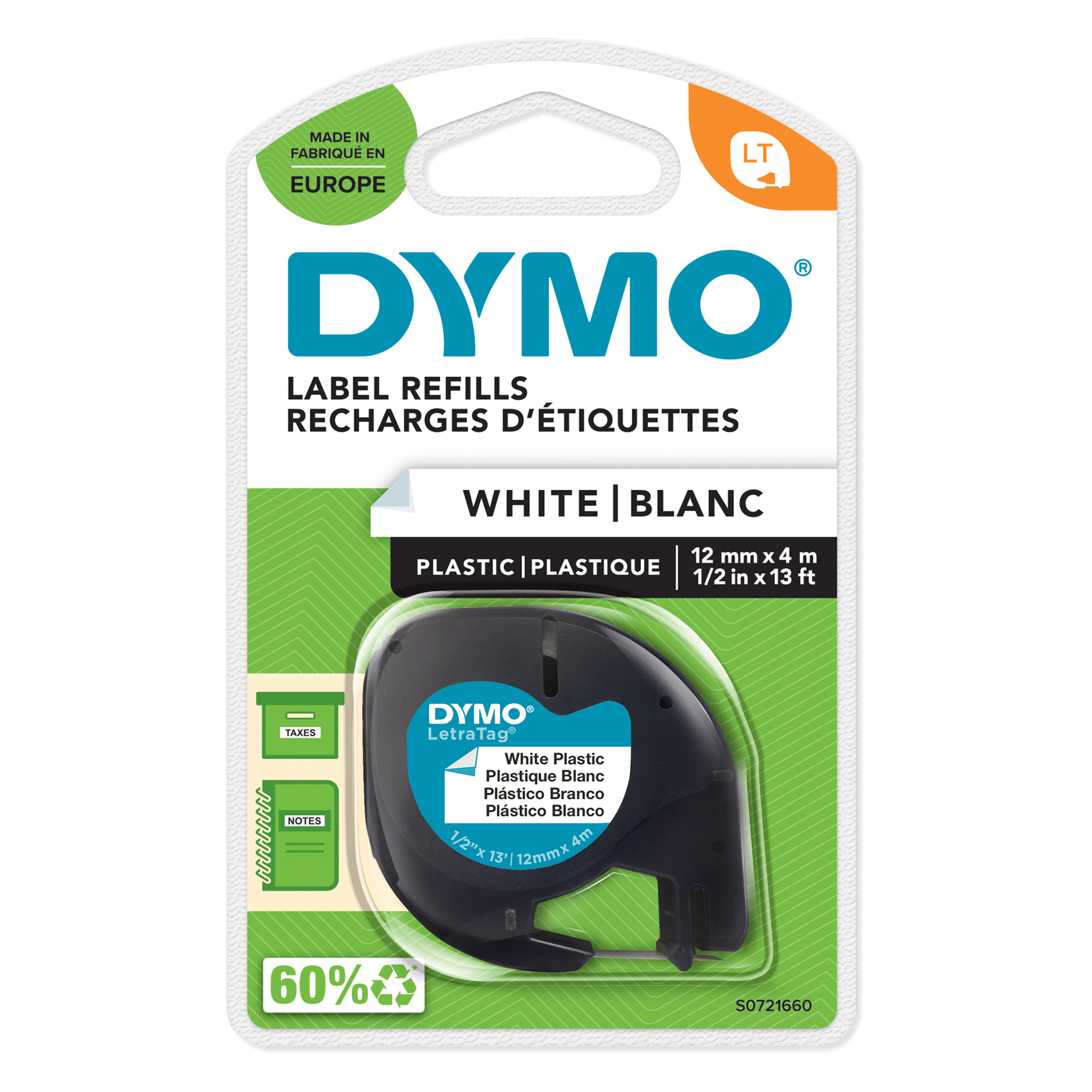 Nastro Letratag 912010 - 12 mm x 4 mt - plastica - bianco - Dymo