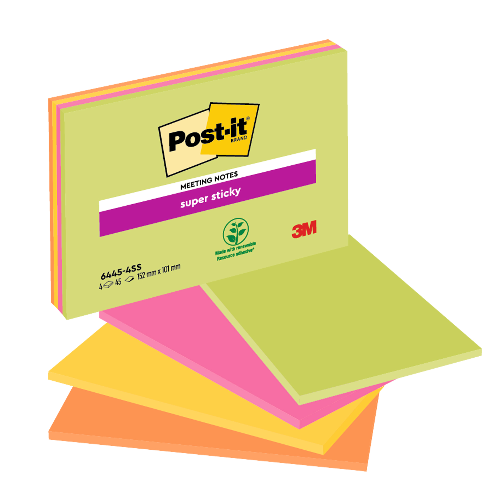 Blocco foglietti Post-it Super Sticky Meeting Notes - 6445-SSP - 152 x 101 mm - rosa/verde neon - 45 fogli - Post-it