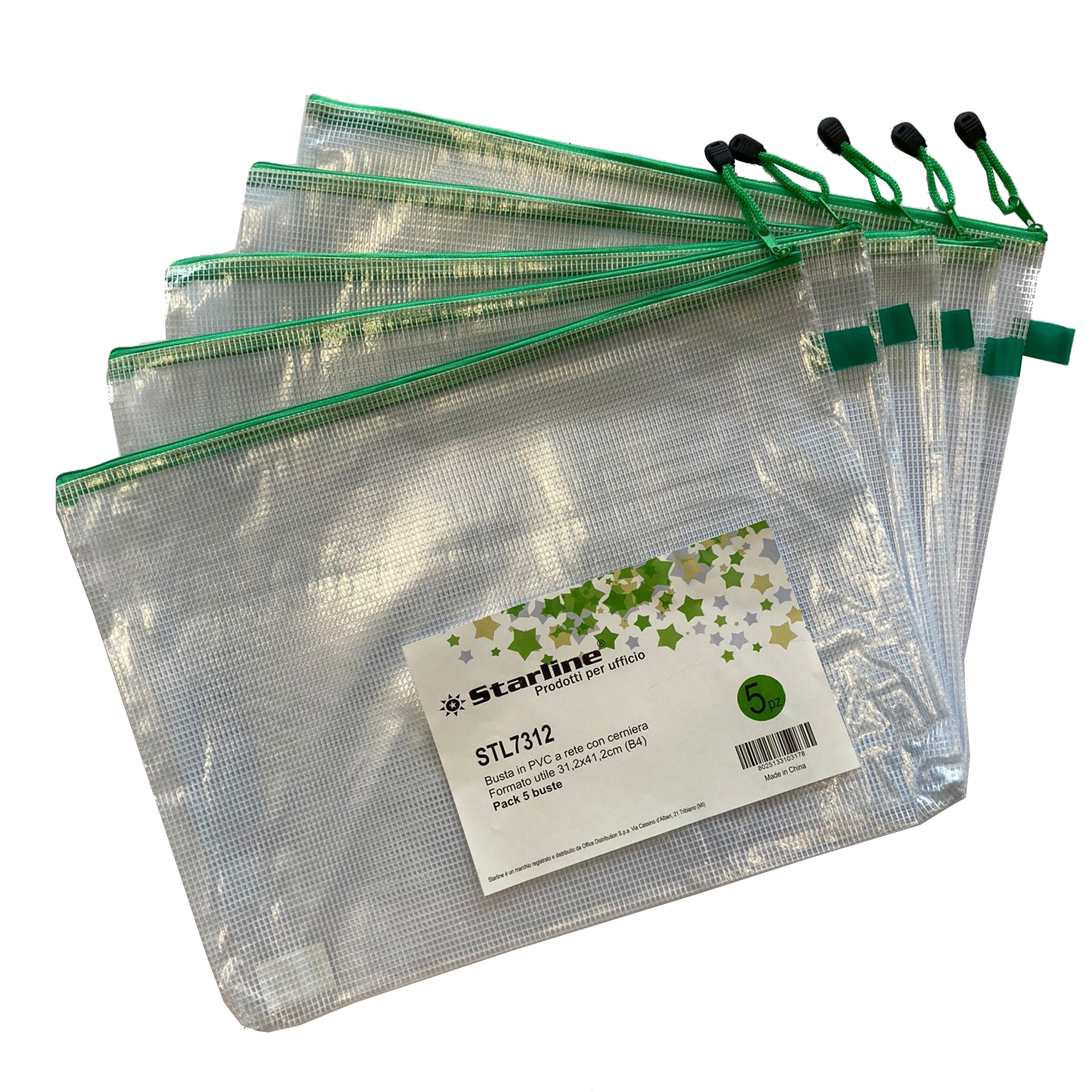 Busta a rete con cerniera verde - PVC - 31,2 x 41,2 cm - trasparente - Starline