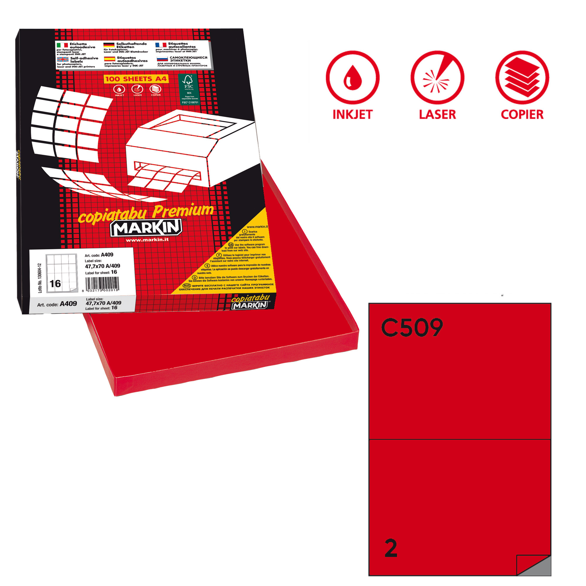 Etichette adesive C/509 - in carta - permanenti - 210 x 148,5 mm - 2 et/fg - 100 fogli - rosso - Markin