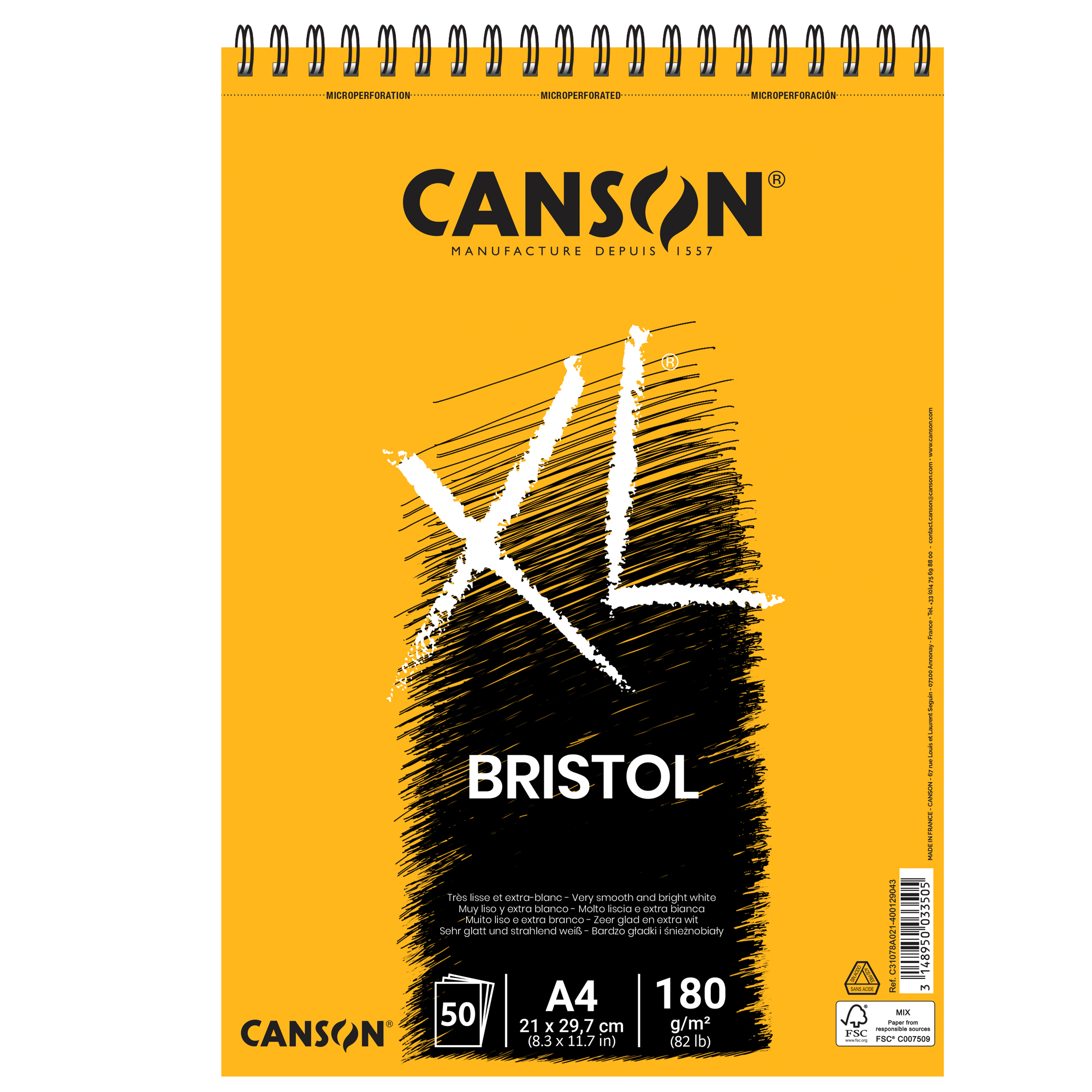 Blocco spiralato lato corto XL Bristol - A4 - 180 gr - 50 fogli - Canson