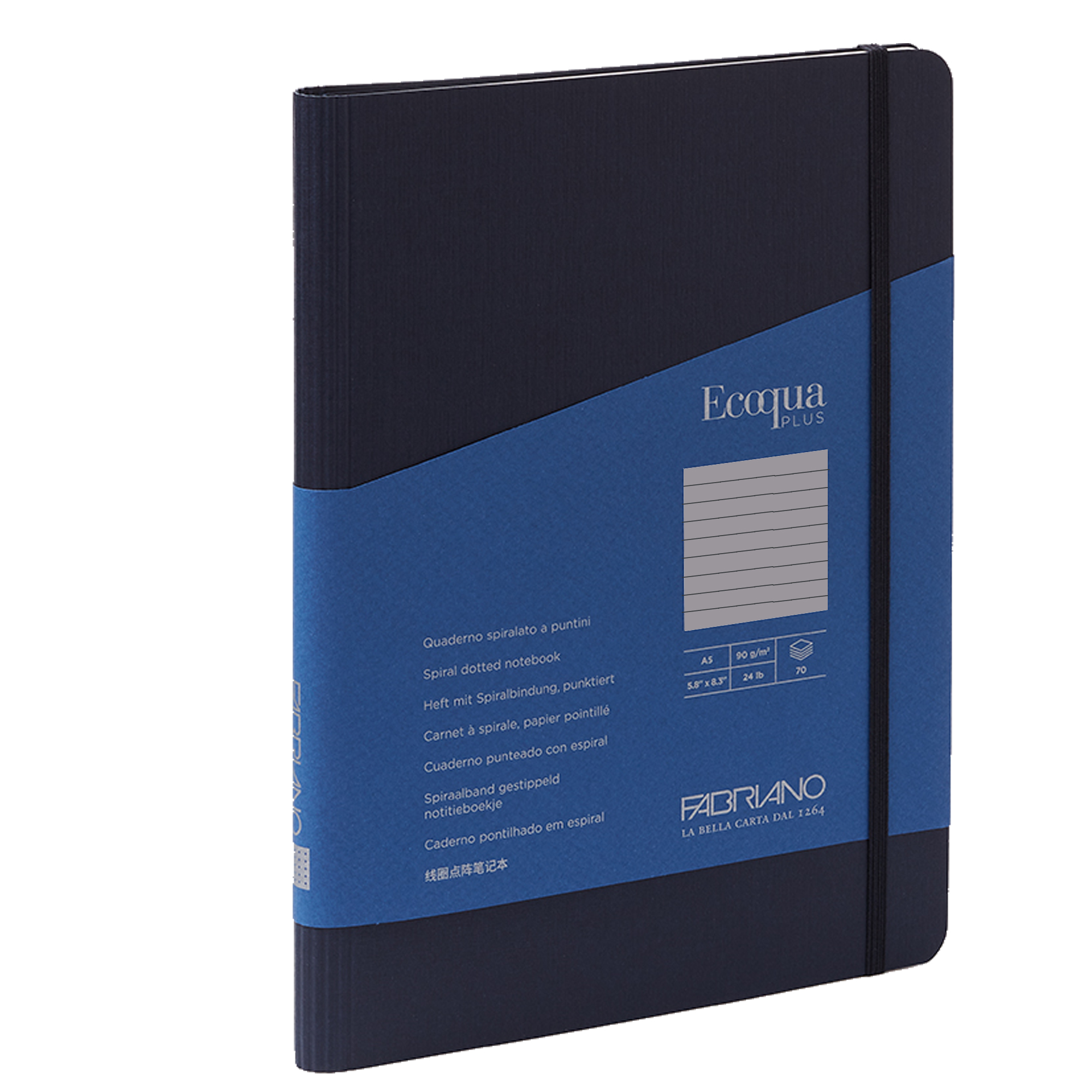 Taccuino Ecoqua Plus - con elastico - spiralato - A5 - 70 fogli - righe - blu scuro - Fabriano