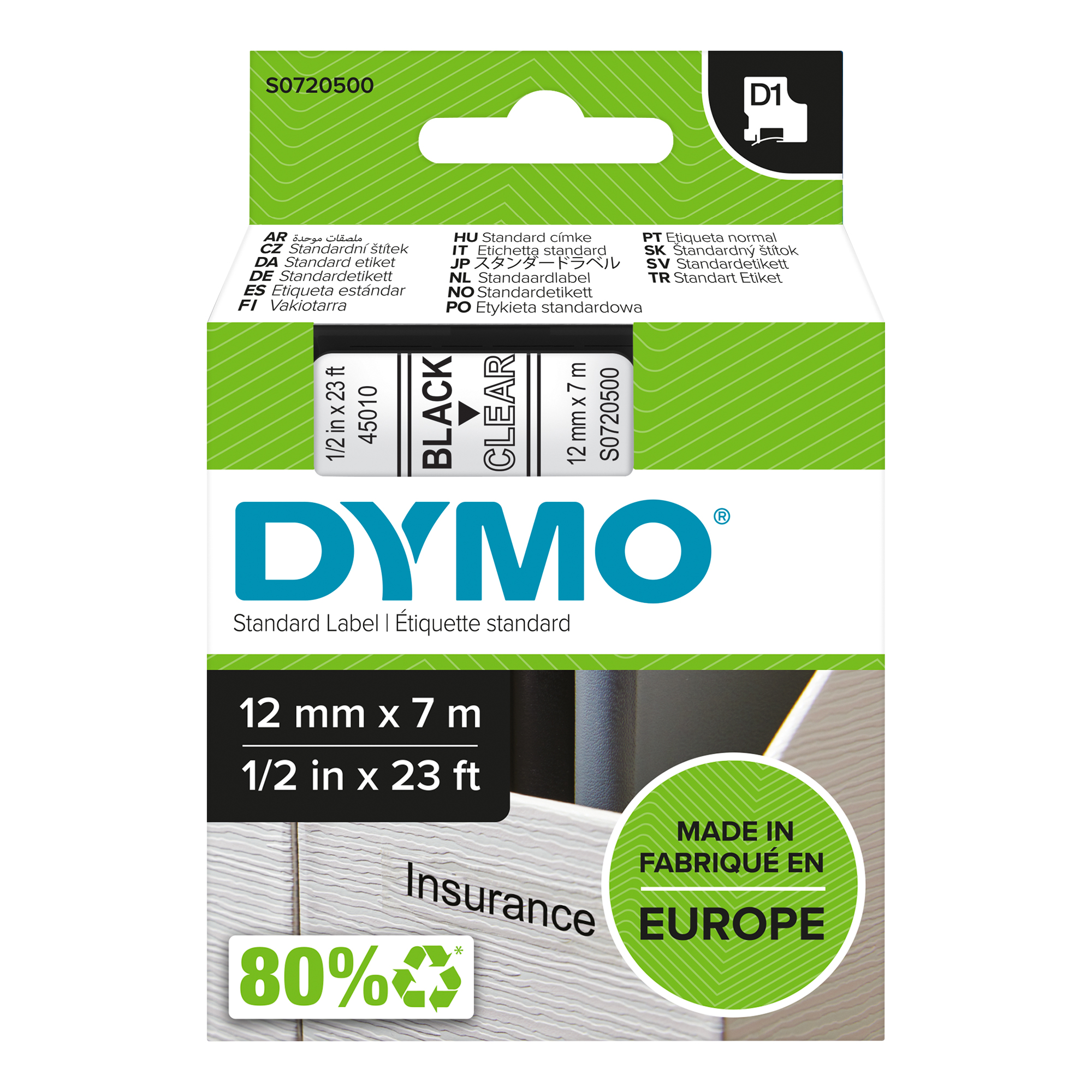 Nastro D1 standard 450100 - 12 mm x 7 mt - PL - nero/trasparente - Dymo