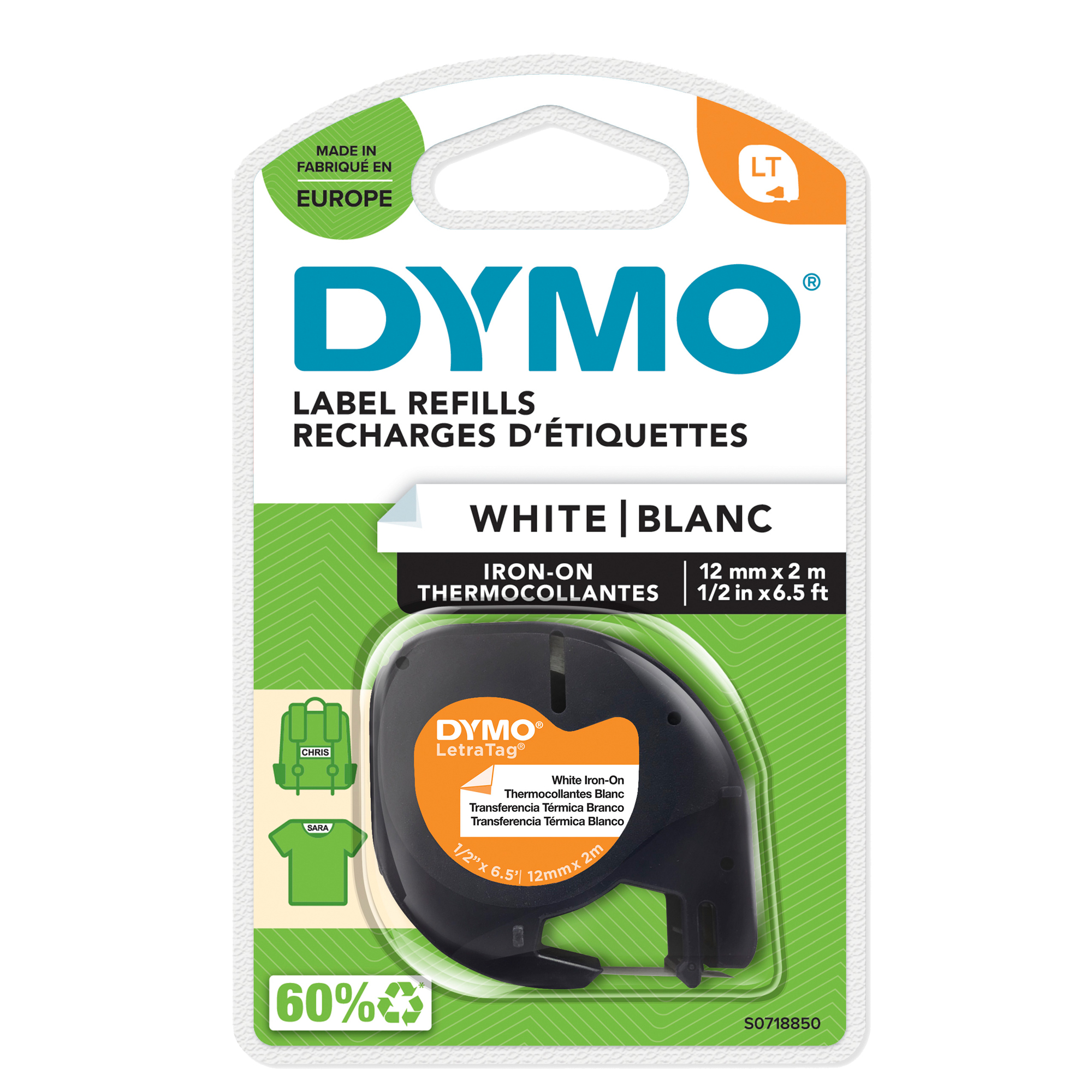 Nastro Letratag - 12 mm x 2 mt - bianco - termoadesivo - Dymo