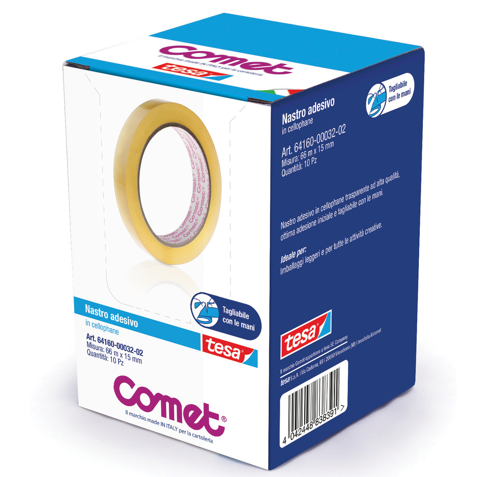 Nastro adesivo - confezionato singolarmente - 15 mm x 66 m - cellophane - trasparente - Comet