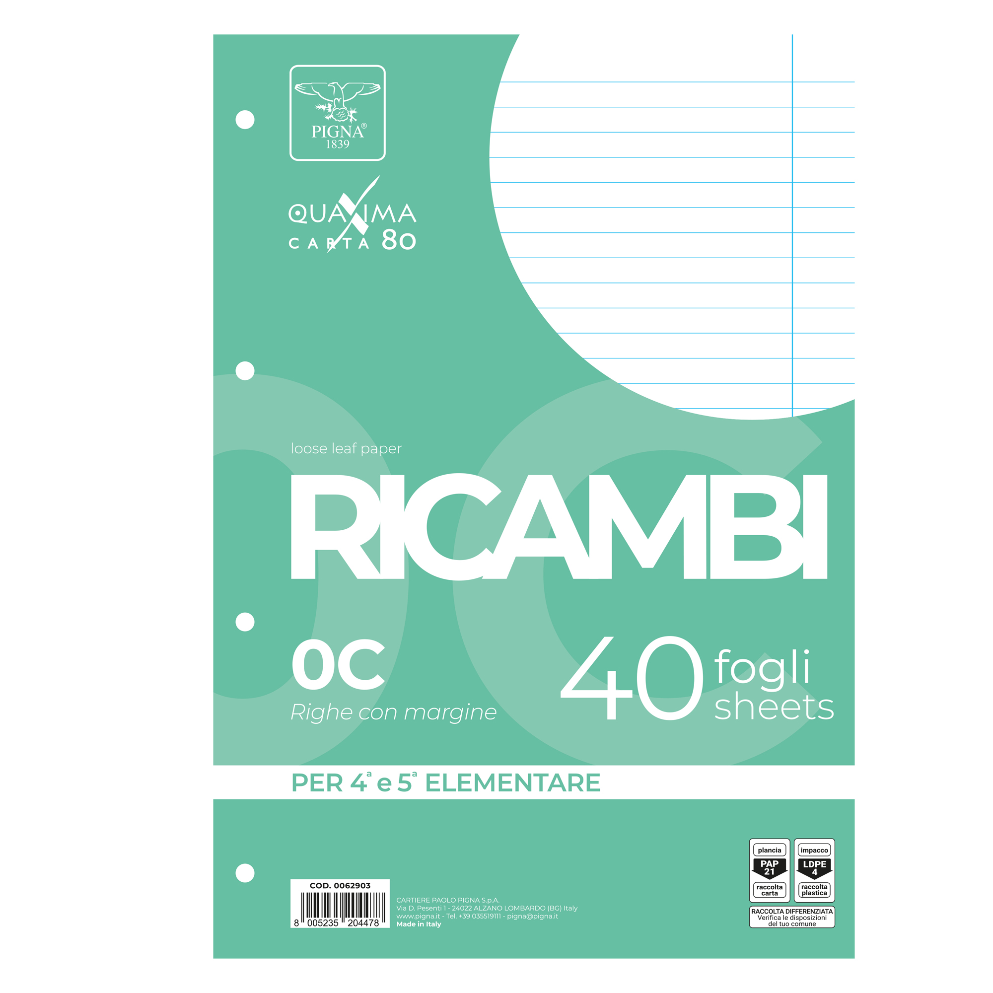 Ricambi forati Quaxima - A4 - 1 rigo c/margine - 80 gr - Pigna - conf. 40 pezzi