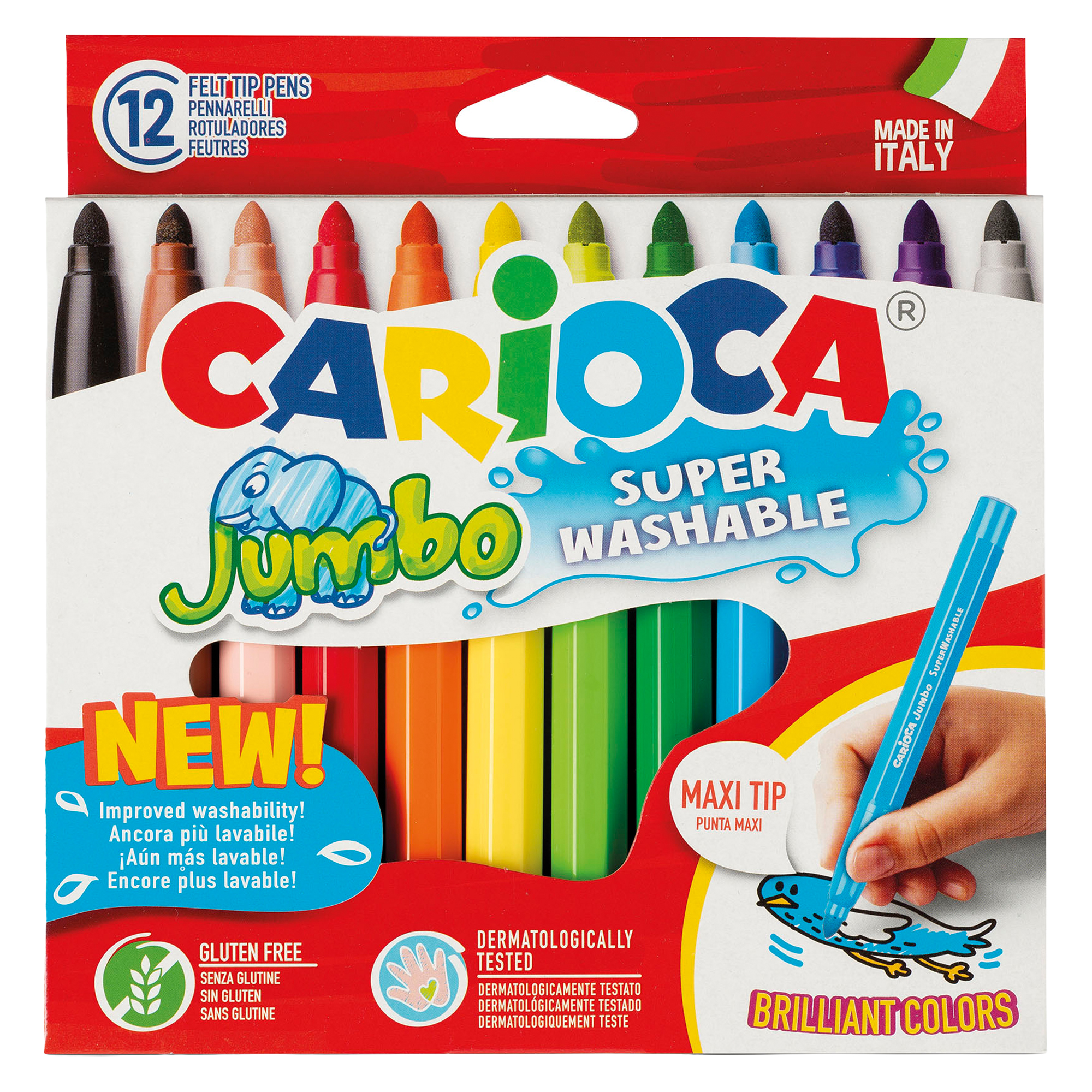 Pennarelli Jumbo - punta 6,0mm - colori assortiti - lavabili - Carioca - astuccio 12 pezzi