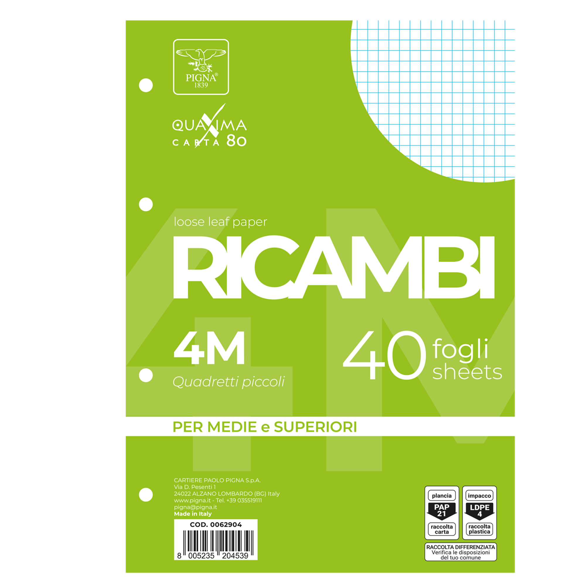 Ricambi forati Quaxima - A4 - 4 mm - 80 gr - Pigna - conf. 40 pezzi