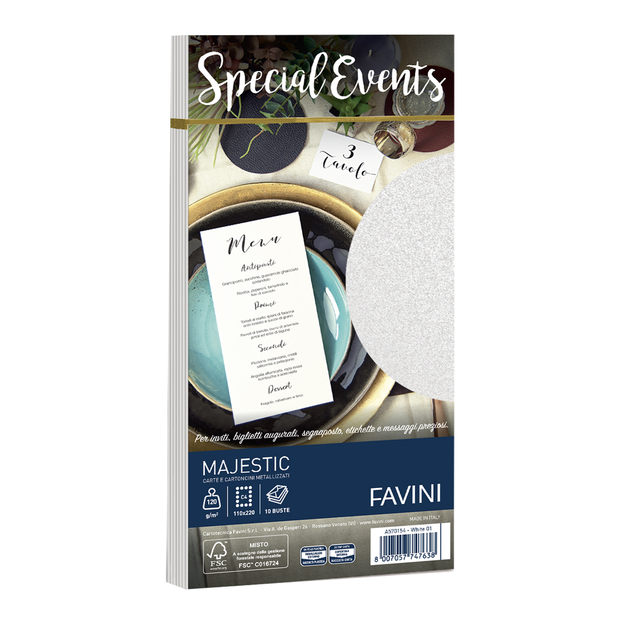Busta Special Events metal - 110 x 220 mm - 120 gr - bianco - Favini - conf. 10 buste