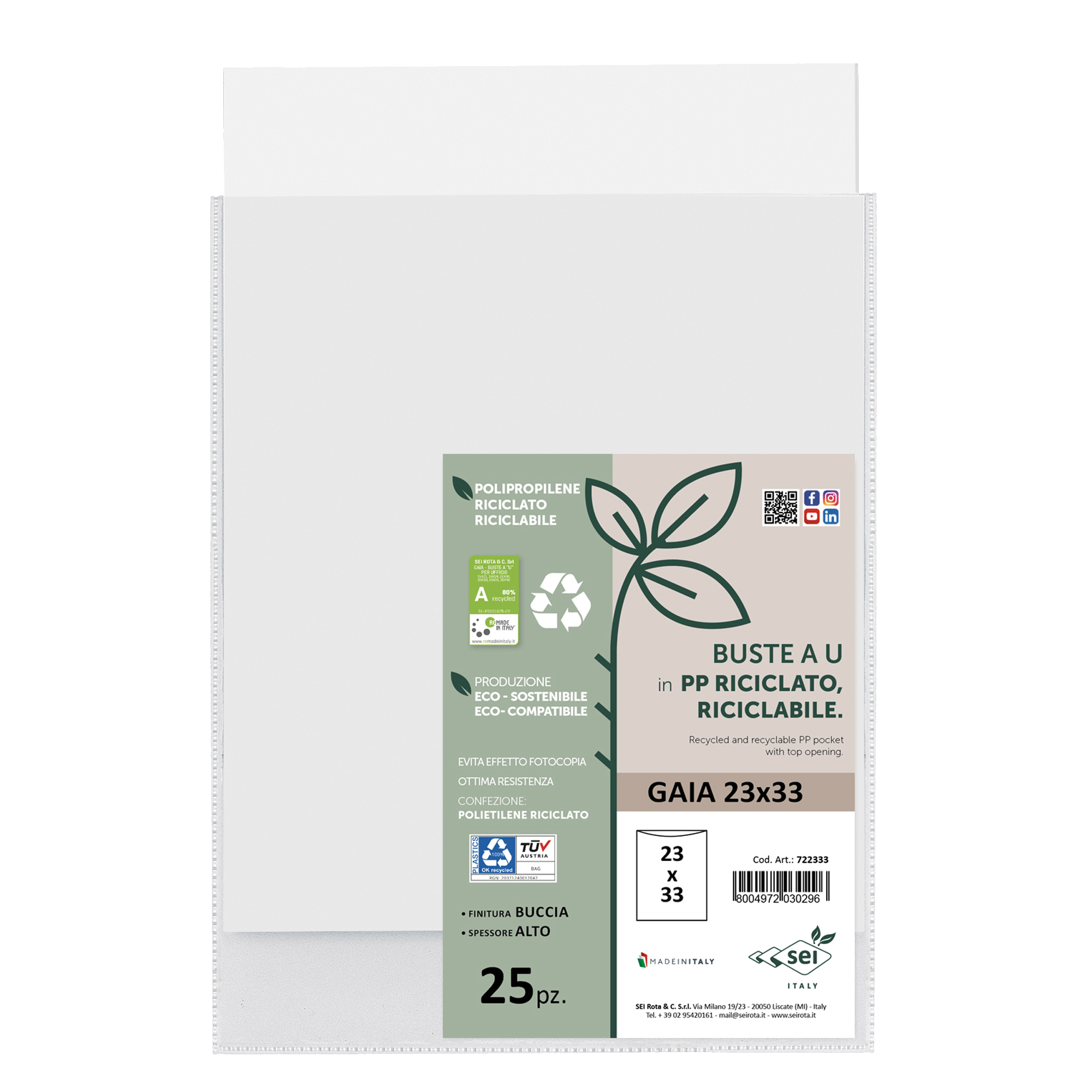 Buste a sacco Gaia - PP riciclato - 23 x 33 cm - buccia - trasparente - Sei rota - conf. 25 pezzi